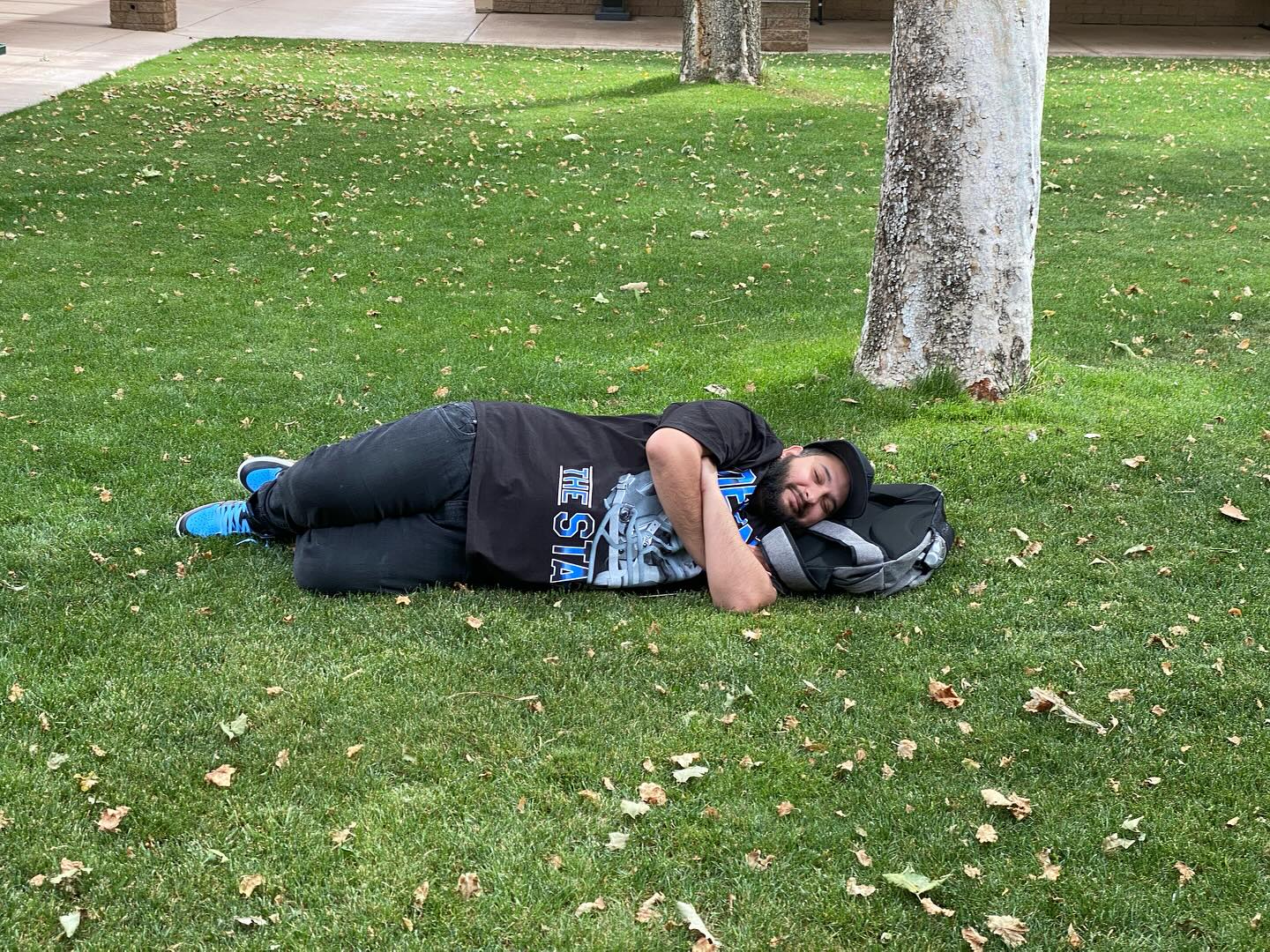 My intern, trying to make it through finals. I’m proud of him. He’s completed his 100 hours of internship, including writing for our newspaper and hosting our weekly radio show, and it looks like he’s going to be working for a local magazine this summer.