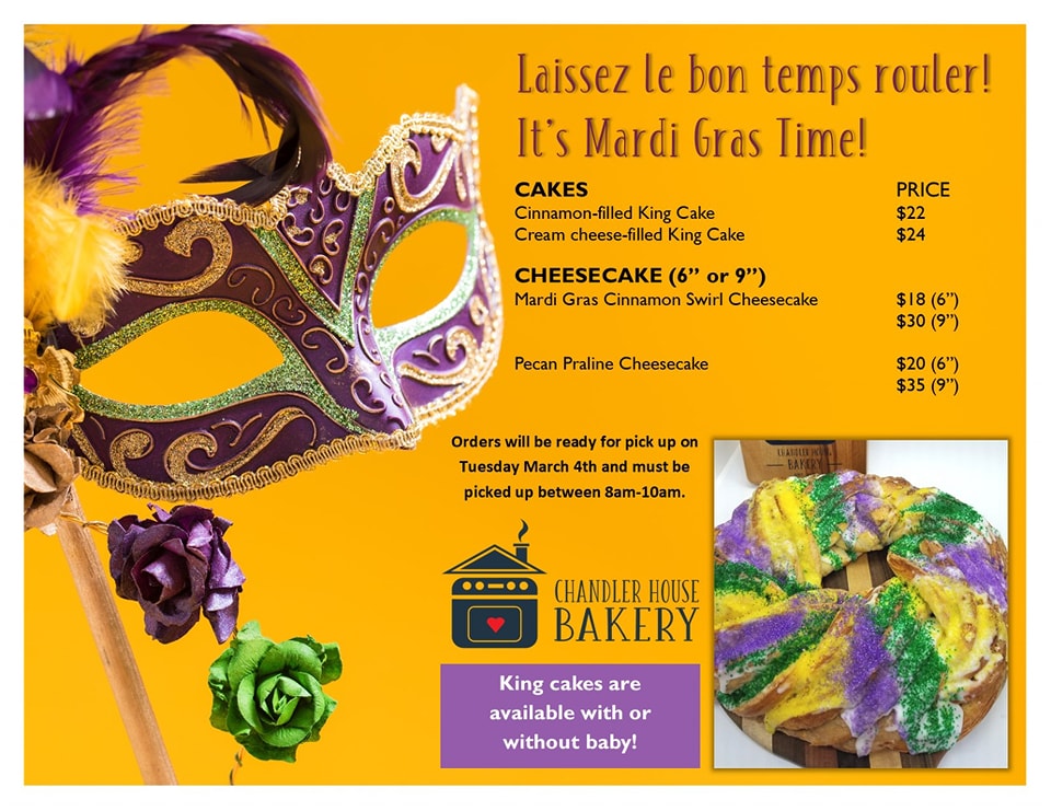 We may be a little late to the party, but it's never too late to Mardi! We've had some requests so we'll be making king cakes for Fat Tuesday! Please message us here on FB to place your orders (by Sunday March 2nd). All orders will be ready for pick up in the morning only (between 8am - 10am) on Tuesday March 4th.
Let us help you be the life of the Mardi party!