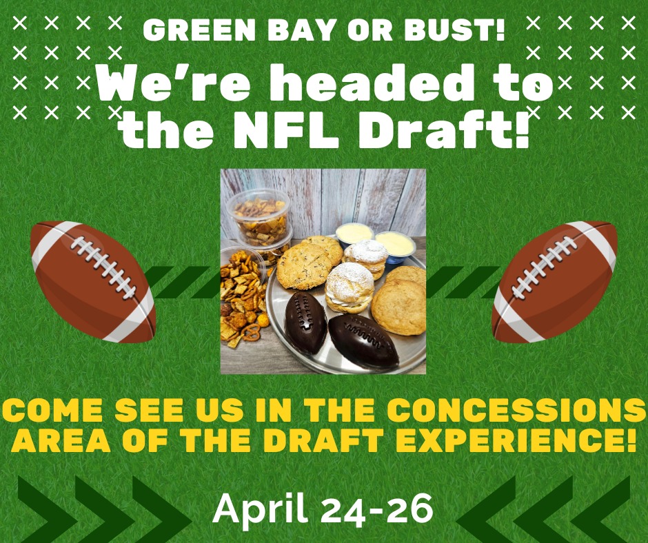 Chandler House Bakery is on the clock! In just 3 days we'll be in the shadow of legendary Lambeau Field having been chosen as 1 of 12 Wisconsin restaurants to serve the football faithful at the 2025 NFL Draft in Green Bay! In addition to some well known favorites like our Chocolate Chip Cookie and Lemon Raspberry Cheesecake, we've got a few Draft Exclusive items debuting, including a MASSIVE Hail Mary Peanut Butter Football Cup and Baker April's Wisconsin Cream Puff.
Great teams win championships and we're lucky to have an incredible team supporting us this week. As it's all hands on deck, we will be closed in Watertown and hope to see you in Green Bay. Admission to the Draft Experience is free so bring the whole family, check out the Lombardi Trophy, all 58 Super Bowl Rings, see how fast you can dash (40 yards) and grab yourself a sweet treat and say hi to the CHB team!