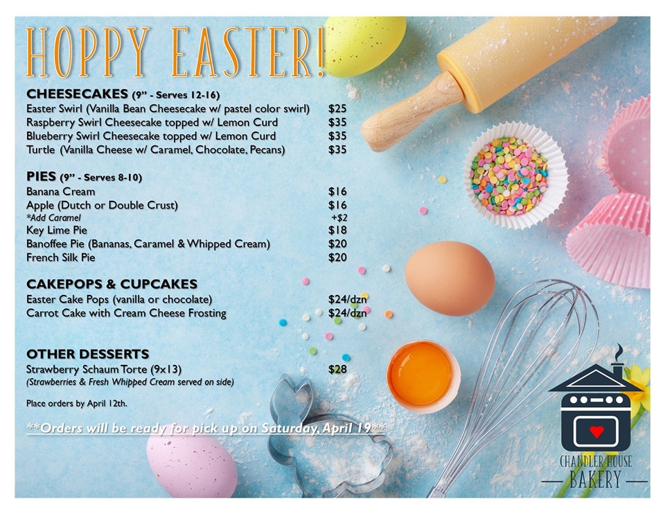 Easter is officially less than two weeks away if you can believe it!? We're hopping with egg-citement over here! Let us help you with your Easter celebration by taking some of the work off your to-do list. We're taking orders through this Saturday, April 12th. We look forward to serving you!
Easter orders will be ready for pick up on Saturday April 19th! We'll be open for our regular retail hours both Friday and Saturday that weekend. Thank you all!
🐣🐰🩷