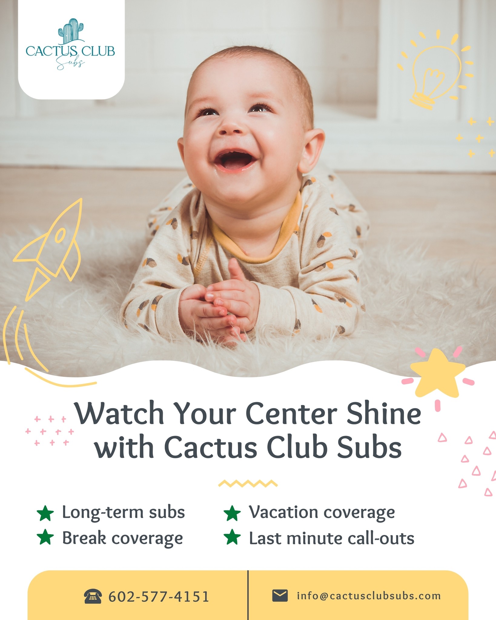 From covering breaks and sick days to filling vacancies and supporting long-term needs — we’ve got your back! Our reliable educators are here to keep your classroom thriving, so you can focus on what truly matters. ✨🌵
Reach out to us today. Let’s keep your center running smoothly! 🚀
#ChildcareSupport #TrustedStaffing #CactusClubSubs #EarlyChildhoodEducation #WeCoverItAll