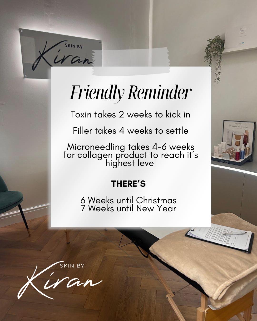 ๐โจ Friendly Reminder! โจ๐
If youโre planning to look your best for the festive season, nowโs the time to book in! ๐๐โโ๏ธ
Hereโs your tweakment timeline โฐ๐
๐ Toxin โ Takes 2 weeks to kick in
๐ Filler โ Takes 4 weeks to fully settle
๐ฟ Microneedling โ Takes 4โ6 weeks for collagen production to reach its peak
โณ There are 6 weeks until Christmas and 7 weeks until New Year!
Donโt wait until the last minute โ appointments are filling fast ๐
๐ Skin By Kiran, Calder Podiatry โ Sowerby Bridge
๐
Book your consultation now via Booksy:
๐ https://booksy.com/en-gb/158704_skin-by-kiran_aesthetic-medicine_1454478_sowerby-bridge#ba_s=seo