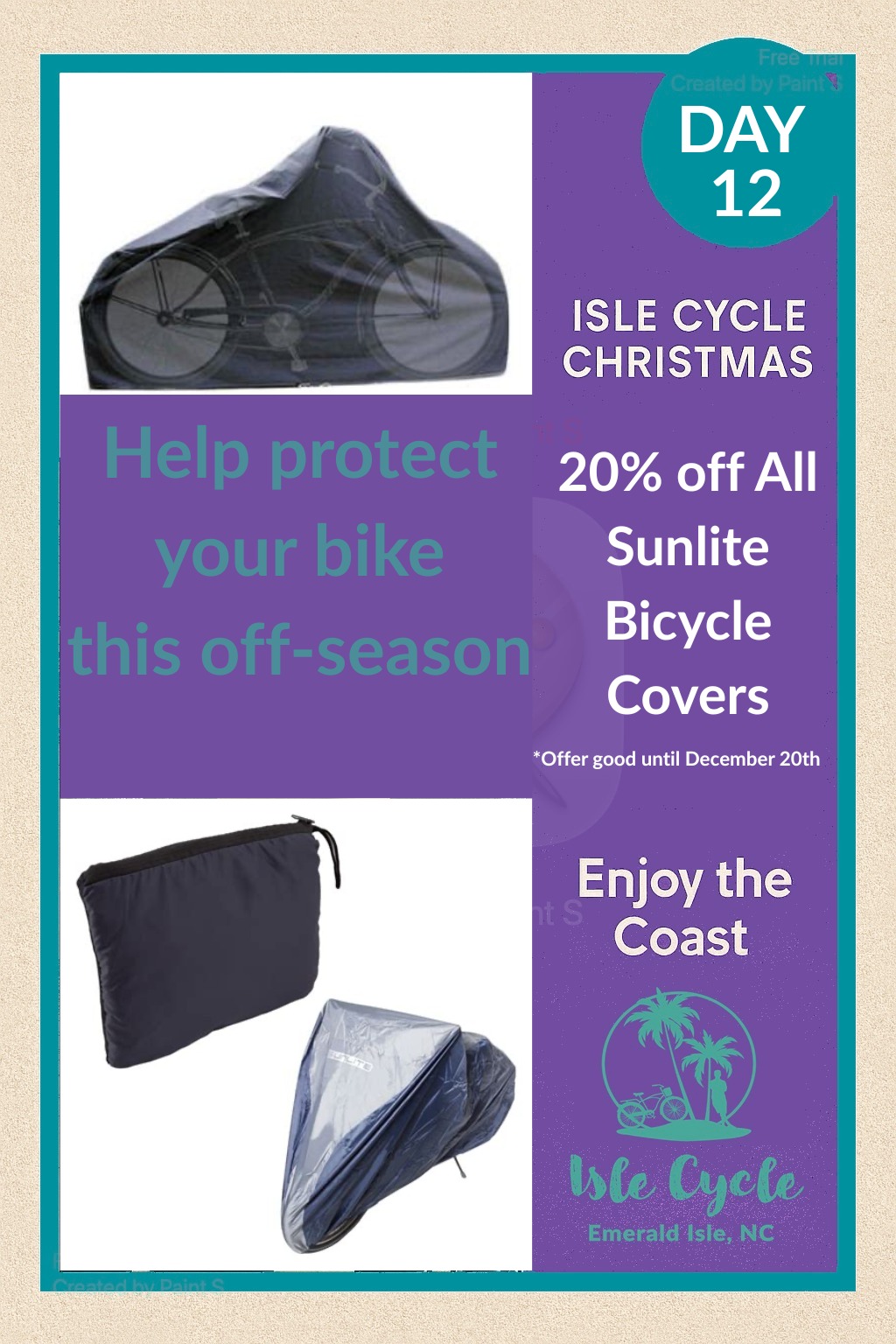 🎁 Day 12: Protect your ride all year long.
Bike covers are 20% off!
Salt air? Sand? Holiday chaos? Problem solved.
#IsleCycle #EmeraldIsleNC #CrystalCoast #BikeShop #12DaysofChristmas #ShopSmall #CoastalChristmas