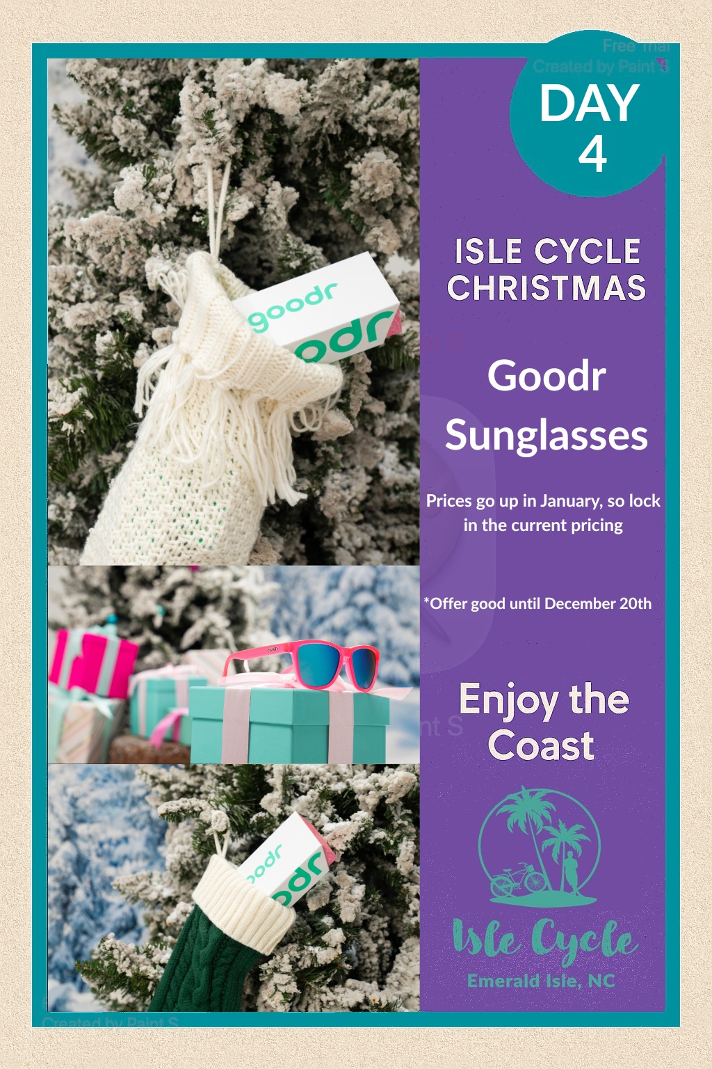 🕶️ Day 4: Goodr prices climb in January…
But you can snag your fave colors now before they go up.
Lightweight, fog-free, beach-ready.
#IsleCycle #EmeraldIsleNC #CrystalCoast #BikeShop #12DaysofChristmas #ShopSmall #CoastalChristmas