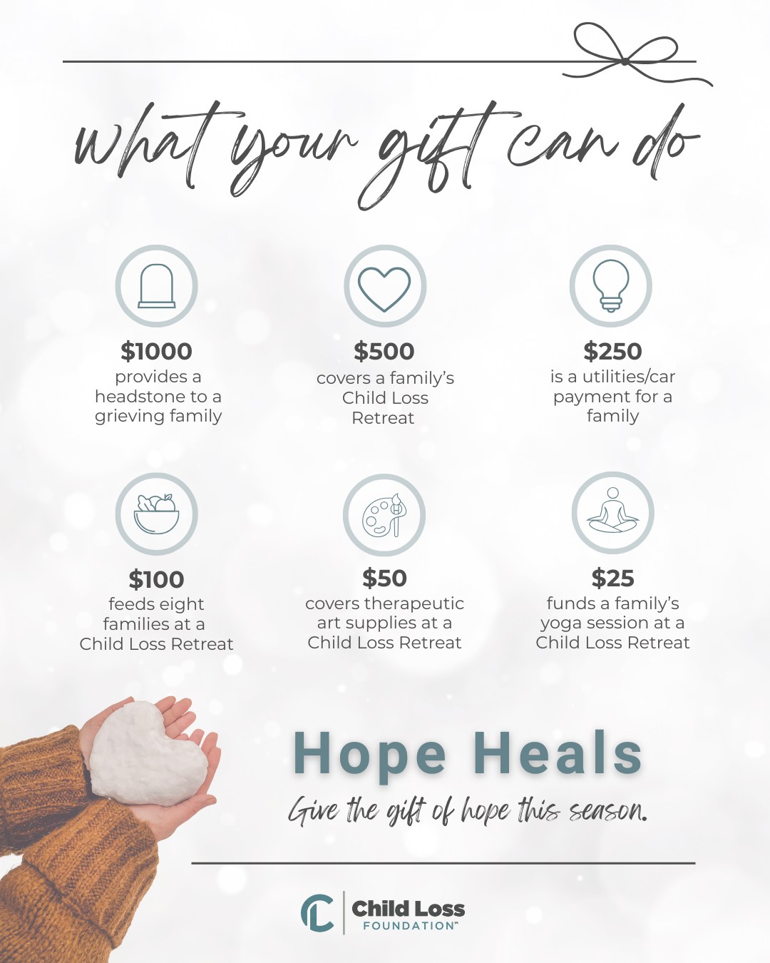 Every gift makes a difference.
From covering retreats to easing financial strain, your generosity brings comfort, connection, and hope to grieving families this season.
Give the gift of hope, link in bio.
#givehope #donate #grief #griefsupport #childlossfoundation