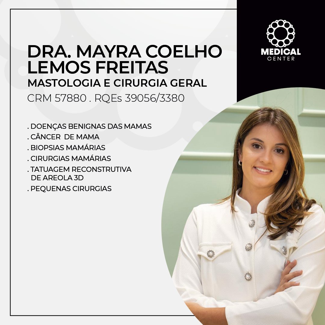 A Dra. Mayra Coelho Lemos Freitas atua nas áreas de Mastologia e Cirurgia Geral, com foco no diagnóstico e tratamento de doenças benignas das mamas, câncer de mama, além da realização de biópsias mamárias e cirurgias mamárias.
Também realiza tatuagem reconstrutiva de aréola 3D e pequenas cirurgias, oferecendo um cuidado completo, humano e individualizado, respeitando cada etapa da jornada da paciente.
📍 #VemEstarBem na #MedicalCenter
🌐 www.medicalcenterpa.com.br
📲 Tel.: (35) 3647-3550
📲 Térreo: (35) 99830-8576
📲 1º Andar: (35) 99984-5366
📲 2º Andar: (35) 99867-2564
📲 3º Andar: (35) 99723-7519
👉 Rua Coronel Brito Filho, 461/469 – Bairro Fátima I – Pouso Alegre – MG