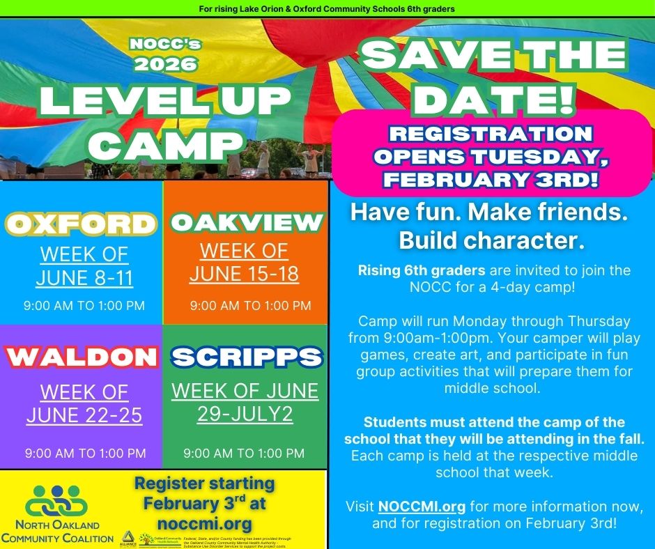 📆SAVE THE DATE: Registration for NOCC's Level Up Camp opens February 3rd!
2026 may have just begun, but we're already gearing up for summer! Level Up Camp is a 4-day program that helps rising 6th graders build confidence, connect with peers, and get ready for middle school in a fun, supportive environment.
📍Students must attend the camp of the school that they will be attending in the fall.
⭐Registration opens February 3rd at https://www.noccmi.org/
We can't wait for a fun summer!