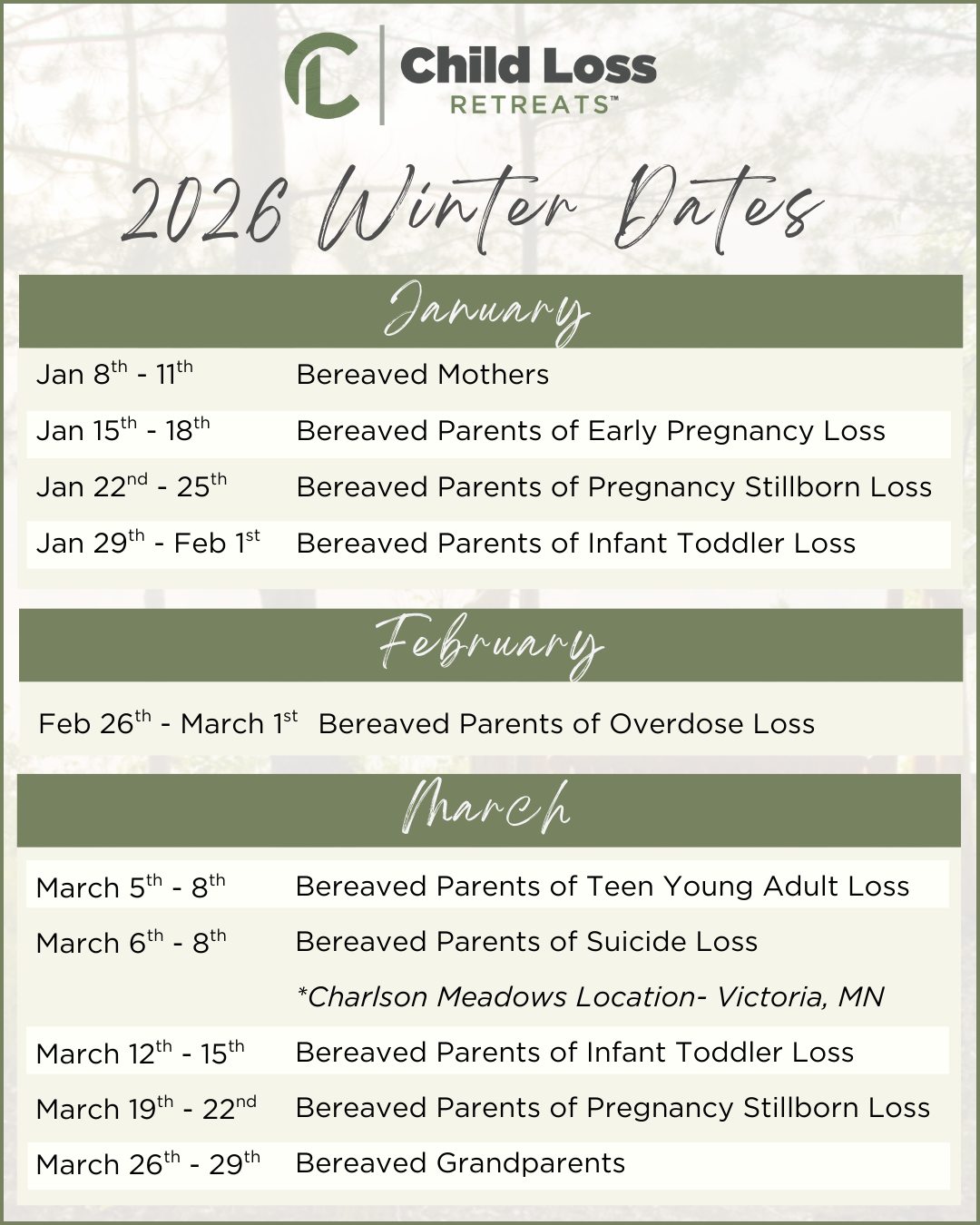 Looking for connection and hope? Child Loss Retreat dates are now open for registration. View the full 2026 schedule on our website - link in bio. Financial assistance is available.
#childlossretreats #faithslodge #griefsupport #healing #griefretreat #childloss #childlossfoundation