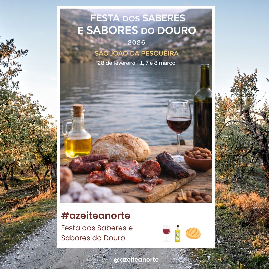 🌿 FESTA DOS SABERES E SABORES DO DOURO 2026
📍 São João da Pesqueira
📅 28 de fevereiro, 1, 7 e 8 de março
O Douro volta a celebrar aquilo que melhor o define: tradição, produto e identidade.
Durante dois fins de semana, a Praça do Marquês transforma-se num ponto de encontro entre produtores, artesãos e visitantes, num evento que valoriza os sabores autênticos e os saberes que passam de geração em geração.
Pão caseiro, enchidos tradicionais, azeite, vinho, mel, amêndoa, figo seco e outros produtos da terra dão corpo a uma mostra que reforça a força da economia local e do património gastronómico duriense.
Artesanato ao vivo, música tradicional, grupos de cantares, folclore e atividades para toda a família completam a programação, num ambiente onde a cultura popular se vive sem filtros.
Com as amendoeiras em flor como cenário natural, São João da Pesqueira afirma-se como destino de referência no turismo gastronómico e cultural do Douro.
🌼 Saberes que permanecem. Sabores que contam a história do território.
#SaberesESaboresDoDouro #SãoJoãodaPesqueira #Douro #DouroVinhateiro #TurismoGastronómico #EventosNorte #TrásosMontes #AltoDouro #ProdutosRegionais #IdentidadeTerritorial #AzeiteaNorte #turismoanorte #turismorural #olivoturismo #oliveoilturism #gastronomia #gastronomy #portugalfood #saboresdeportugal #portugal #Portugal #portoandnorth #visitportugal #visitportoandnorth #evoo #slowlife #olivoturismoportugal #oleoturismoportugal