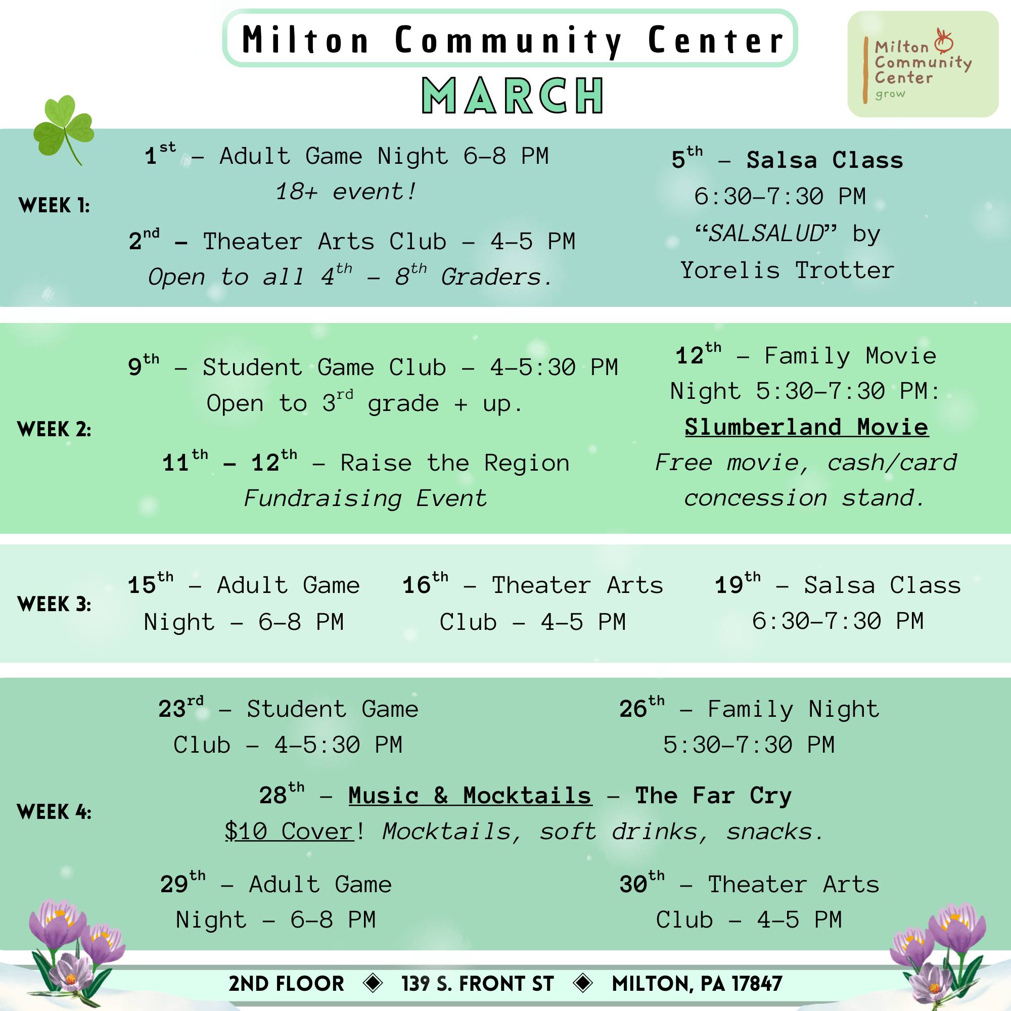 Next week at Milton Community Center- Game Night, Theatre Arts Club, Salsa, and more!
Reserve your spot for salsa with Yorelis Trotter here: https://www.miltoncommunitycenter.org/musicandmocktails