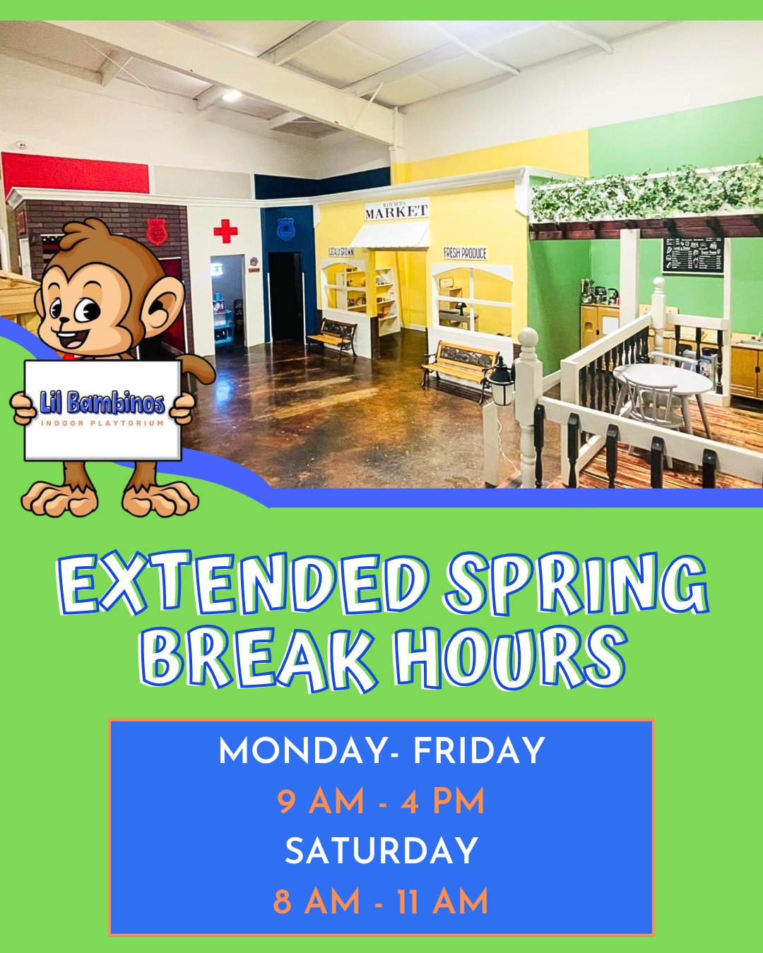 We have extended hours this week for Spring Break! 🌸☀️
Come get out of the house and play with us! 🎉💙👶👧🧒