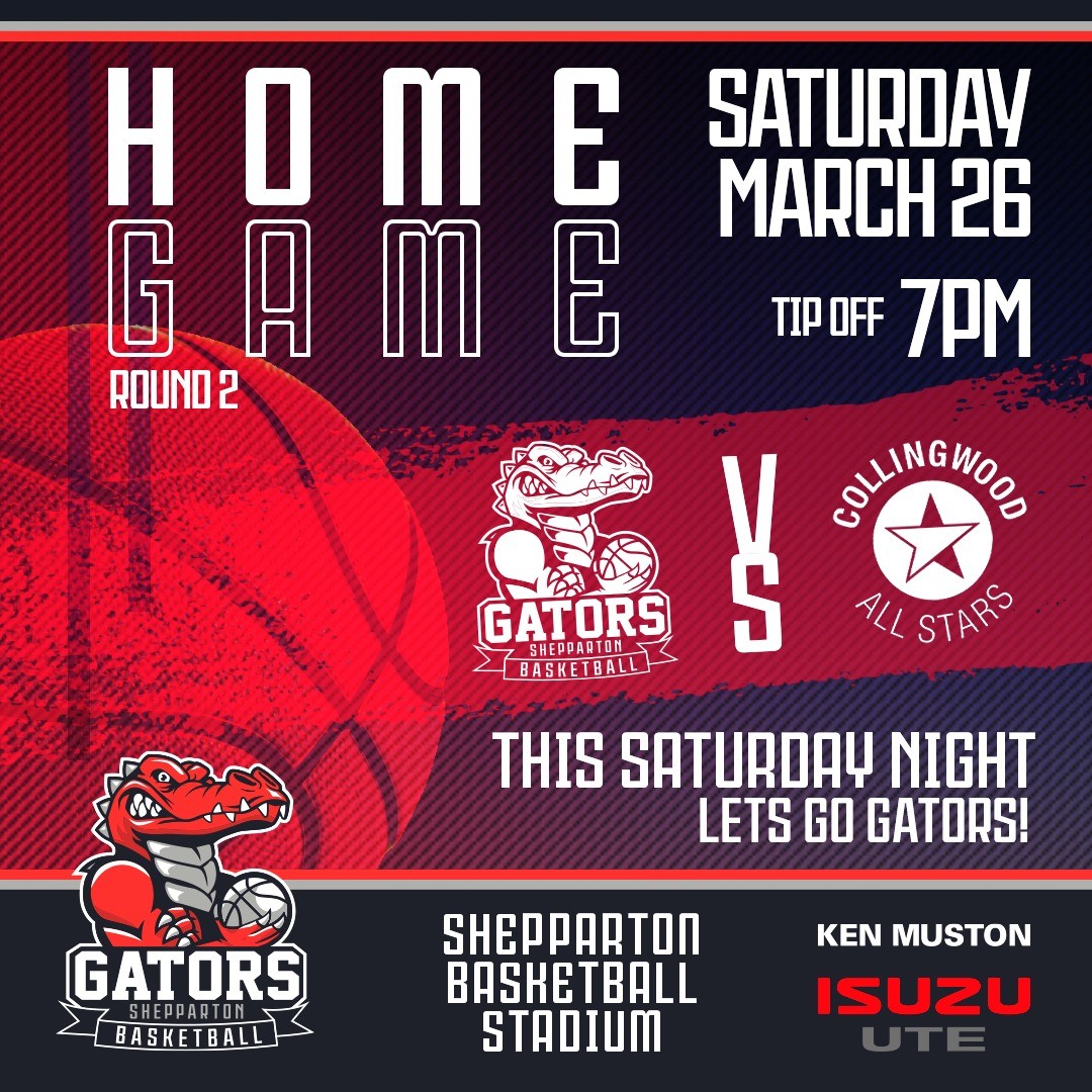 Gators First Home Game for Season 2022.
This Saturday night - Tip off at 7pm!
Shepparton Basketball Stadium.
#LetsGoGators