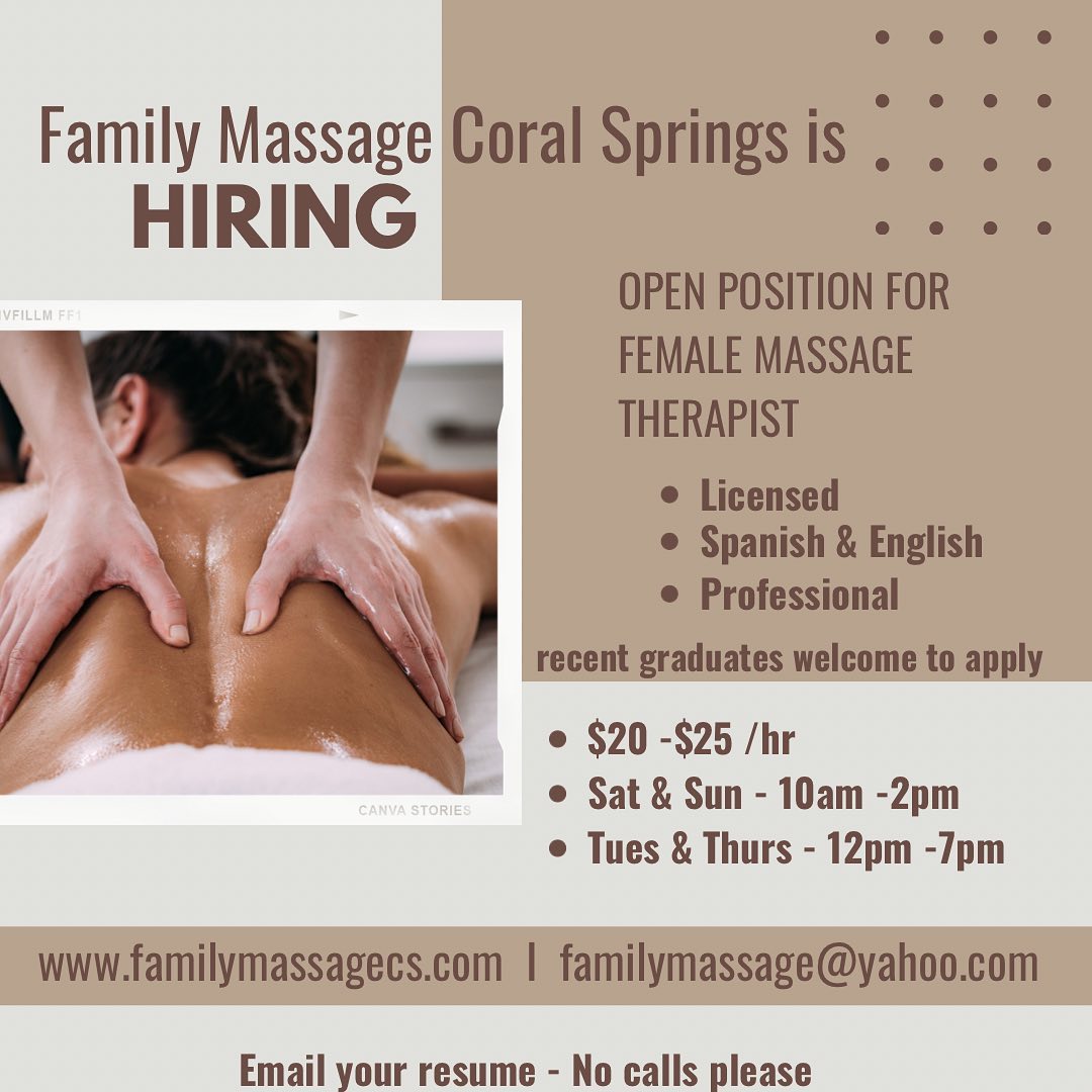 We are hiring! #massagetherapy #coralspringsjobs #coralsprings #tamaractalk #coralspringstalk #parklandtalk