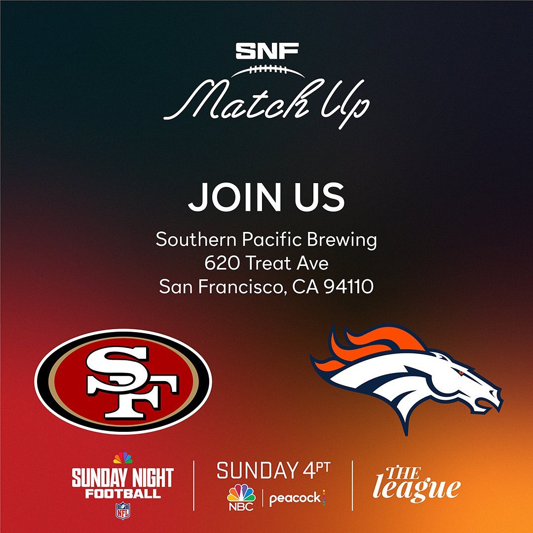 Hey Bay Area, it’s time to Match Up! Join us this Sunday with @nbcsauthentic and @theleague for the most social Sunday Night Football experience ever. Come out early for free drinks and food specials from 4-5 PM! #snfmatchup #margarita #craftbeerlover #faithful #49ers