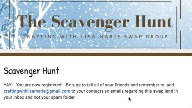 I'm in!
Go to https://www.facebook.com/groups/CraftingwithLisaMarie
to join us (answer the darn questions so that she knows you're not a robot) and sign up for the best swap ever!
This particular swap is the fave for all participants, so hurry up and sign up. Believe me, everything you make is totally good enough, so don't procrastinate or second guess yourself. You won't regret joining!
xoxo Yvette
#thescavengerhunt #craftingwithlisamarieswapgroup #craftingwithlisamarie @craftingwithlisamarieswaps