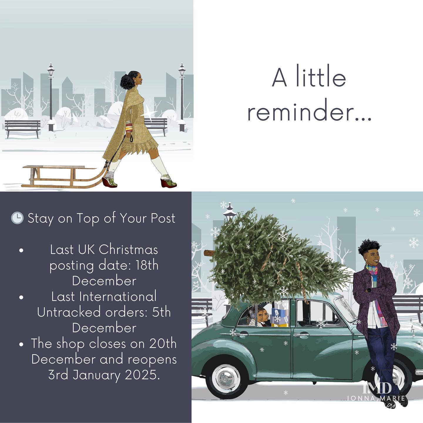 🎄✨ Mark Your Calendars! The Festive Season is Moving on a Pace! 🎁
This December, I’m popping up in some of your favorite spots! 🎨🖤 Come say hello, shop thoughtful gifts, and grab a bargain or two:
📍 7th Dec – Wakuda Christmas Market, Lewisham Shopping Centre (11am–5pm)
Going to be out of town? No problem- shop online and take advantage of Black Pound Day on 7th December with an extra 10% off using code BPDXMAS.
✨ Don’t Forget:
UK last post for Christmas: 18th Dec
International orders: 5th Dec
Shop closes 20th Dec (back 3rd Jan 2025)
🎁 Online shoppers! Get ahead of the rush and let me send your cards directly to your loved ones—typed message included for just £1.50.
Let’s make this holiday season one to remember! 🎄❤️
🛍️ Tag a friend who needs to plan their gift shopping!
📸 Visit me at this event and share your finds!
#IonnaMarieDesigns #BlackOwnedBusiness #ShopSmallUK #SupportLocal #ChristmasMarket #Wakuda #BlackPoundDay #HolidayShopping #ChristmasCountdown #BuyBlack #BlackBritishArt #CulturalCelebrations
#soulfulcards #christmascards