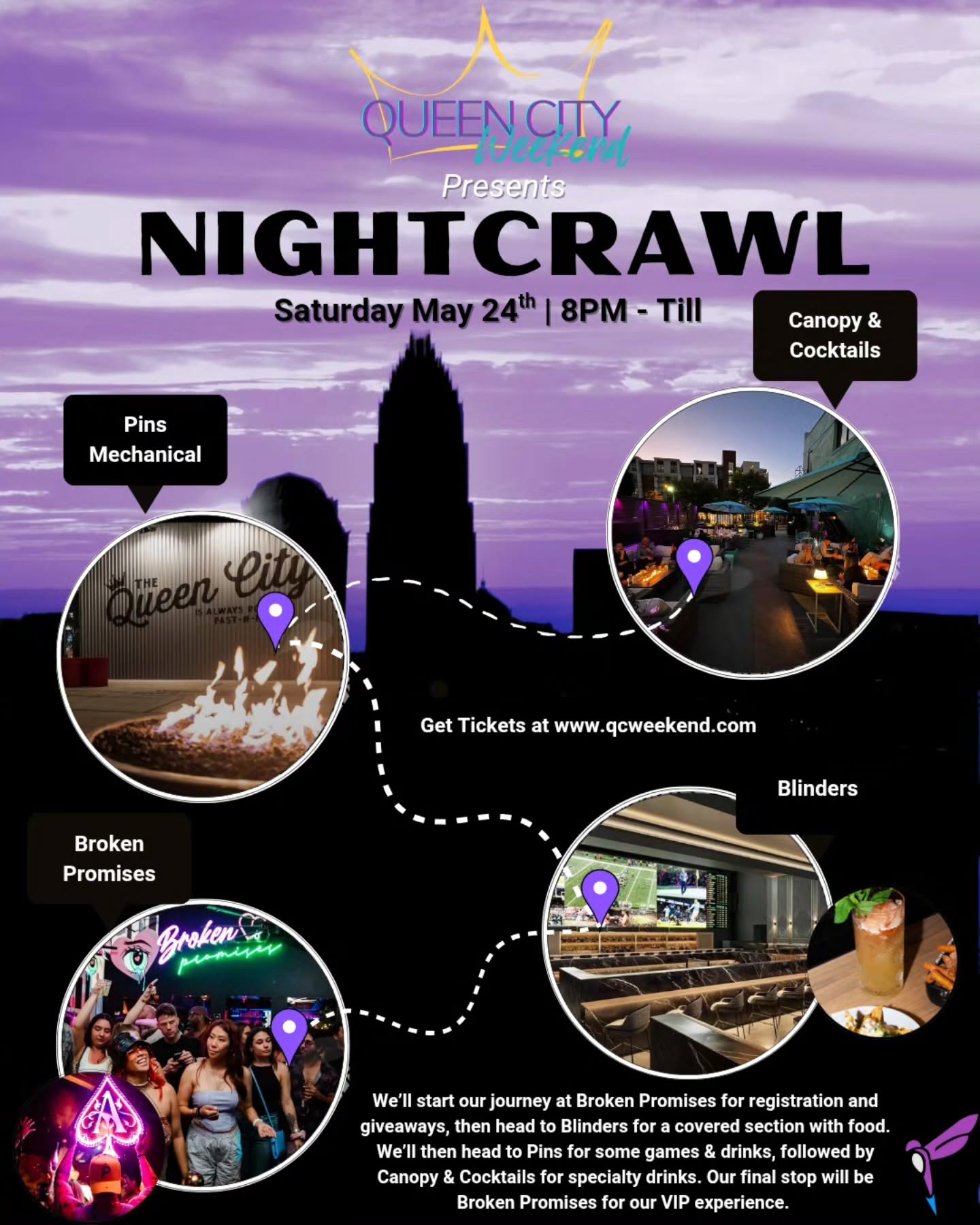 One night. Four stops. All vibes. Welcome to Nightcrawl. 🌃🌙
.
.
.
.
We’re bar hopping through the Queen City with custom shirts, food included, drink specials, games, and a VIP experience to end the night. 🍸🍾🎲😋
This isn’t your average bar crawl — no random bars, no sloppy planning, no dead spots. Nightcrawl hits 4 of South End’s top-tier venues with food included, drink specials lined up, VIP bottle service ready, and a high-energy crowd of good people looking to vibe and connect. We handle the route, the perks, and the finish — you just show up and enjoy the ride.
Here’s the crawl:
1️⃣ 👕 @brokenpromisesclt – Registration kicks off here with giveaways, drink deals, and ample parking. This is home base — and where we’ll end the night VIP.
2️⃣ 🏀 @blindersclt – Walk across the street to the spot with some of the biggest sports screens in Charlotte. We’ve got a reserved section, food included, and exclusive drink specials.
3️⃣ 🎳@pins.clt – One block away, play time. Engaging games on games to enjoy with the group.
4️⃣ 🍸 @canopycocktail – A scenic stroll leads us to this fan-favorite for premium cocktails and a great atmosphere.
5️⃣ 🍾Back to @brokenpromisesclt – The finale. VIP section, bottle service, and music by our favorite @nolomusix
🎟️ Your ticket gets you a custom shirt, food, drink specials, and access to all 4 stops. VIP upgrades available — but all spots are limited.
🔗 Link in bio to secure your spot, or visit www.qcweekend.com
#NightcrawlCLT #qcweekend #CharlotteBarCrawl #SouthEndNights #party #barhop #southendbar