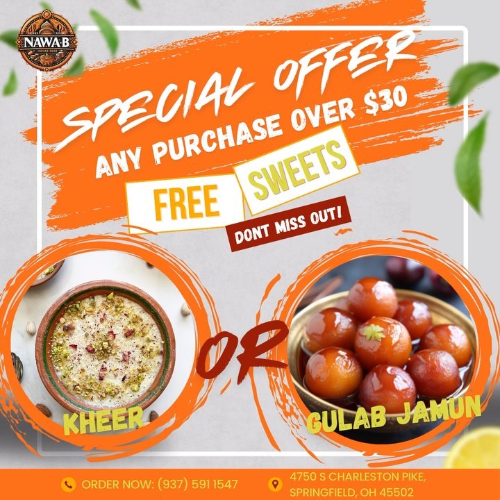 Clark County! We are announcing a new special going on for a limited time! With any purchase of $30 or more, you will get to choose between a side of kheer (rice pudding) or the popular gulab jamun. DONT MISS OUT! We hope we to see you soon! #indianfood #springfield #nawab #foodtruck