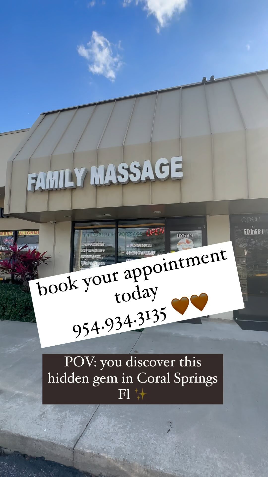 welcome to Family Massage ✨
we are a family owned wellness center located in Coral Springs Florida
#coralsprings #massagetherapist #deeptissuemassage #massagecoralsprings #coralspringsbusiness #coralspringsfitness #coralspringshairstylist #coralspringstalk