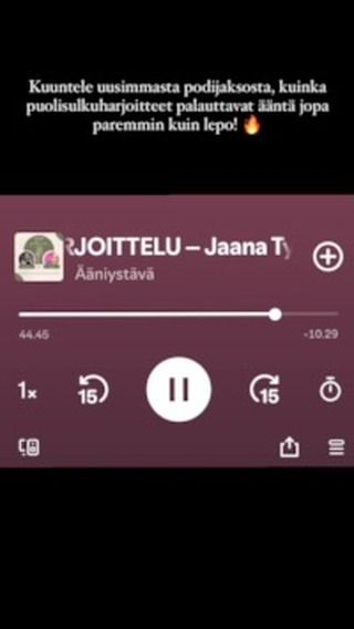 Voi mikä ilo ja riemu, kun jälleen tänään on ilmoille pärähtänyt uusi Ääniystävä-podijakso! ❤️😍❤️
Vieraanani on puhetekniikan opettaja, vokologi Jaana Tyrmi (TM), jonka kanssa tutustutaan puolisulkuharjoitteluun. Kaivakaahan nyt kaikki konsonantit, pillit ja putket esiin, nimittäin tässä jaksossa on tiukkaa tavaraa puolisulkuharjoittelun hyödyistä äänenkäyttäjälle! Olit sitten puhuja tai laulaja, puolisulkuharjoittelu on kuin ”taikatemppu” äänelle.
Kuunnelkaa ja jakakaa toki tietoa tästä podista teidän kollegoille ja muille ääniystäville! 📣
Suosittelen tsekkaamaan myös Jaanan tammikuussa julkaistun väitöskirjan aiheesta:
Nasaaleista vesivastukseen : Vertaileva tutkimus semiokluusioharjoitusten vaikutuksista ääneen (Tampereen yliopisto)
#äänenkäyttö #äänihyvinvointi #puolisulkuharjoitukset