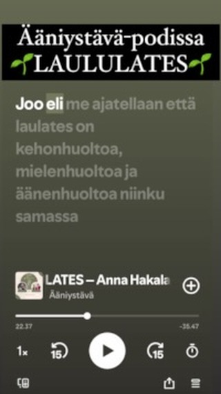 Ääniystävä-podin 29. jaksossa tutustutaan Laululatekseen Anna Hakalan ja Jenny Liebkind:in kanssa. Tässä on erittäin mielenkiintoinen ja tuore avaus äänenkäyttäjien hyvinvoinnin tueksi! ❤️
Jaksossa pohditaan mm.
🌱 Mihin Laululates-menetelmä perustuu ja kenelle se on suunnattu?
🌱 Minkälaisiin äänellisiin haasteisiin Laululates sopii?
🌱 Minkälaista on Laululates-harjoittelu?
Kuunnelkaahan ja ihastukaa 😍