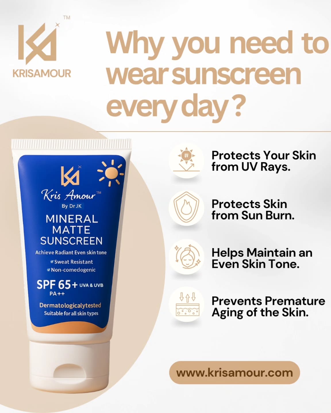 Why Should Sunscreen Be Your Everyday Essential?
Because your skin deserves more than just glow — it deserves protection. 💛
🌸 Kris Amour™ Mineral Matte Sunscreen is your daily armor against:
✔️ UV Rays
✔️ Sunburn
✔️ Uneven skin tone
✔️ Premature aging
✨ With SPF 65+, sweat-resistant & non-comedogenic formula — it's made for all skin types and your active lifestyle!
Glow with confidence. Shield with science.
Shop now at 👉 www.krisamour.com
Dermatologically tested | Lightweight | Matte finish
Have you applied your sunscreen today? Drop a ☀️ in the comments if YES!
#KrisAmour #MineralSunscreen #MatteSunscreen #EverydaySkincare #SPF65 #SunProtection #UVDefense #EvenSkinTone #AntiAgingSkincare #GlowFromWithin #DailySunscreenRoutine #SunscreenForOilySkin #DermatologistRecommended #NonComedogenicSunscreen #SkinCareIndia #SkincareTips #HealthySkinJourney
#pixelloomdigital