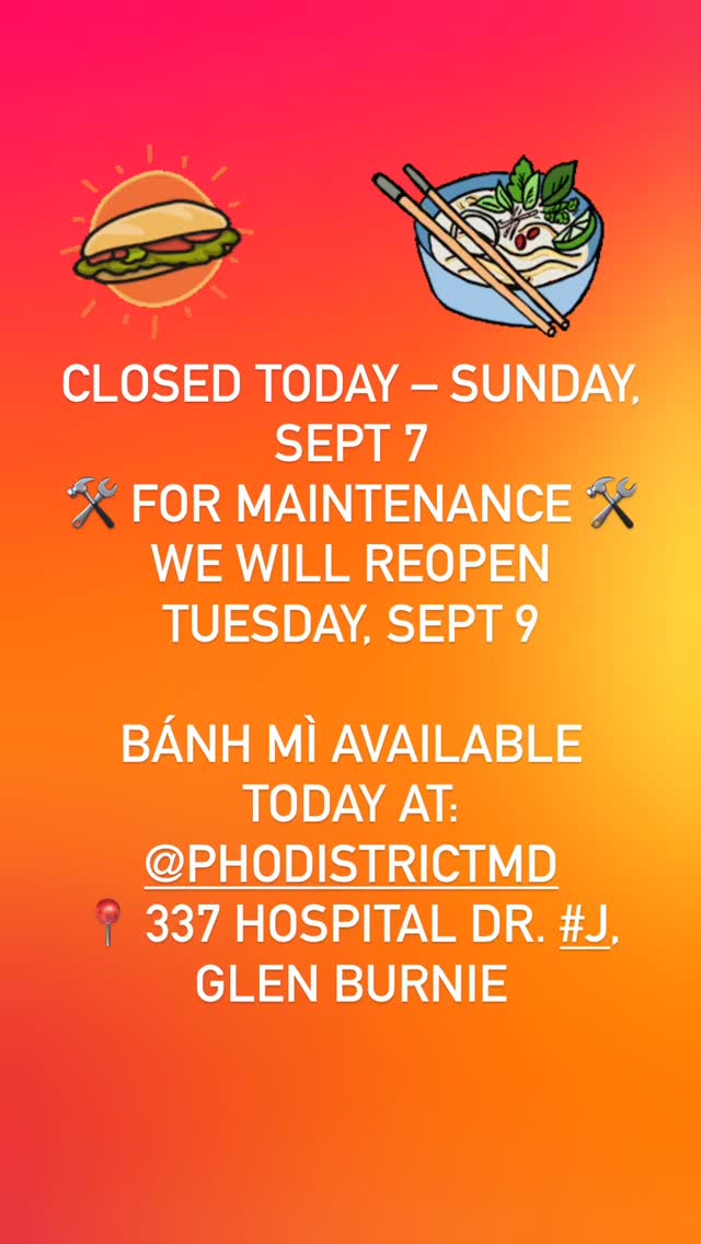 🚨 Sunday, Sept 7 Update 🚨
Rick’s Banh Mi & More is closed today for maintenance. We’ll be back open Tuesday, Sept 9.
Don’t worry though — you can still grab your favorite bánh mì today at @phodistrictmd
📍 337 Hospital Dr. #J, Glen Burnie, MD 21061
Thank you for your support and see you soon! 🥖✨
•
•
#RicksBanhMiAndMore #RicksBanhMi
#BanhMiDeal #RicksFoodTruck
#VietnameseFood #VietnameseStreetFood
#GlenBurnieEats #AnneArundelEats #MarylandEats #BaltimoreFoodies
#DMVFoodScene #GlenBurnieFoodTruck
#MarylandFoodLovers #DMVFoodies
#BaltimoreStreetEats #MDLocalEats #DMVAsianEats
#EatLocalMD #FoodTrucksofMaryland #DMVSmallBusiness
#banhmiinmaryland #banhmilovers