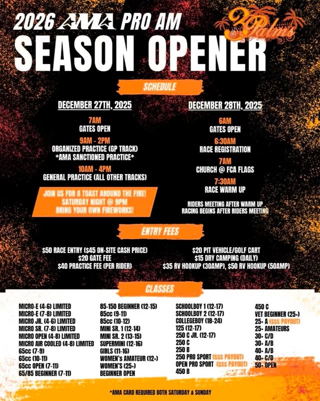 AMA sanctioned ProAm season opener December 27-28 on the GP track! Bring your fireworks, we will have a bonfire, and much much more bring in the new year with us!