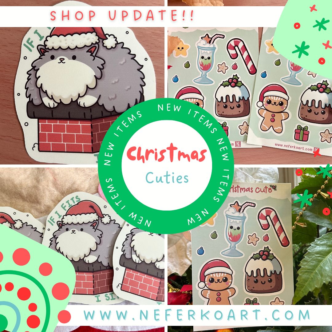 NEW SHOP UPDATE!
CHRISTMAS CUTIES EDITION!
Please go check them out in my store if you’re interested! They make great gifts for cat and kawaii aesthetics lovers!
Both printed on matte vinyl and are water resistant!
They’re also LIMITED STOCK! So get in quick!
#shopupdate #christmasgoodies #christmasgiftidea #neferkoart #stickershop #cutestickers #kawaiistickers #kawaiiart #kawaiiillustration #kawaiicats #かわいいステッカー #かわいいシール #かわいい猫 #クリスマスグッズ