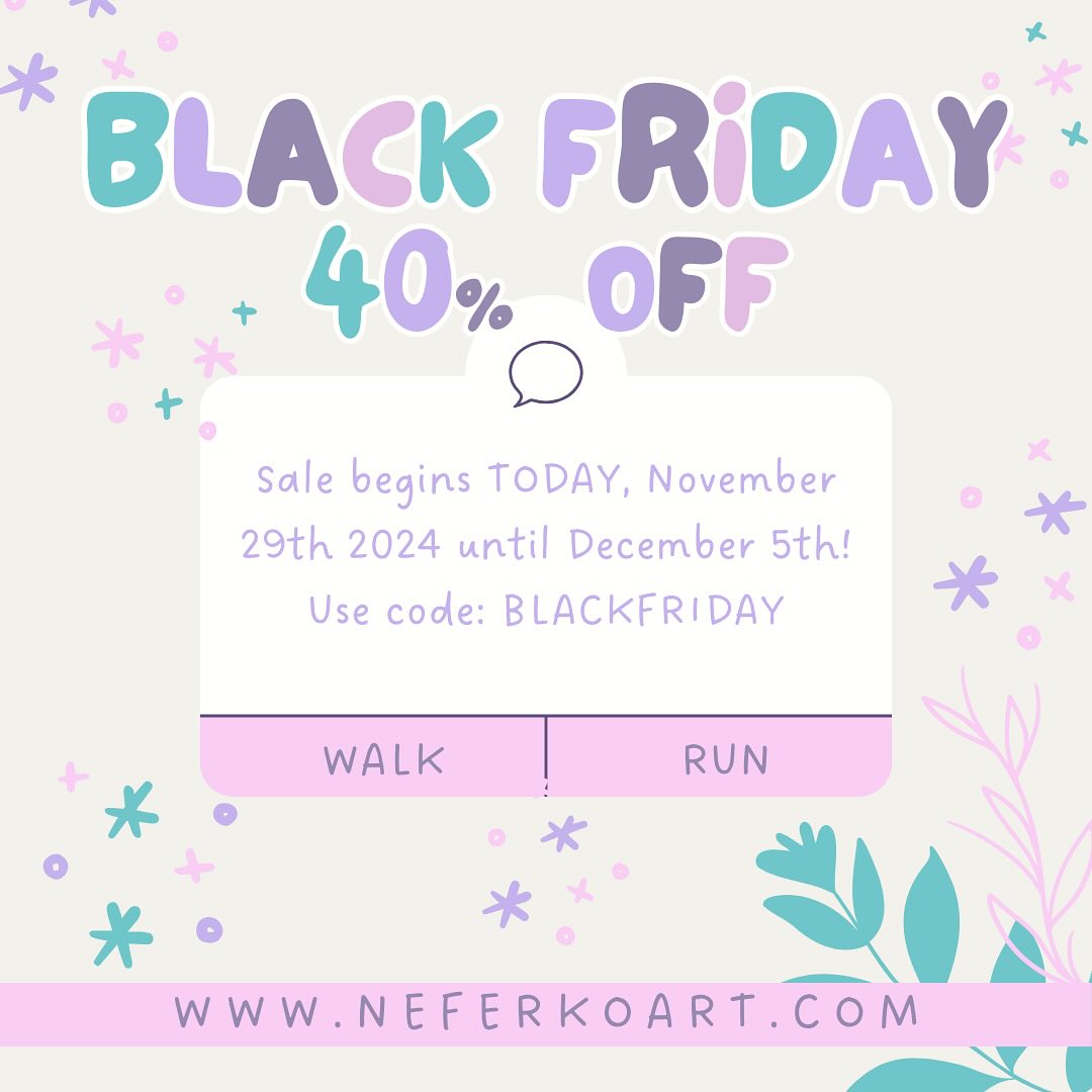 That’s right! From tomorrow there will be a Black Friday sale in my shop where you can get 40% your entire order!
Get in fast as the sale ends next week on December 5th!
#stickershop #blackfridaysale #cutestickers #kawaiiillustration #neferkoart #ブラックフライデーセール #かわいいイラスト #かわいいステッカー #かわいいシール