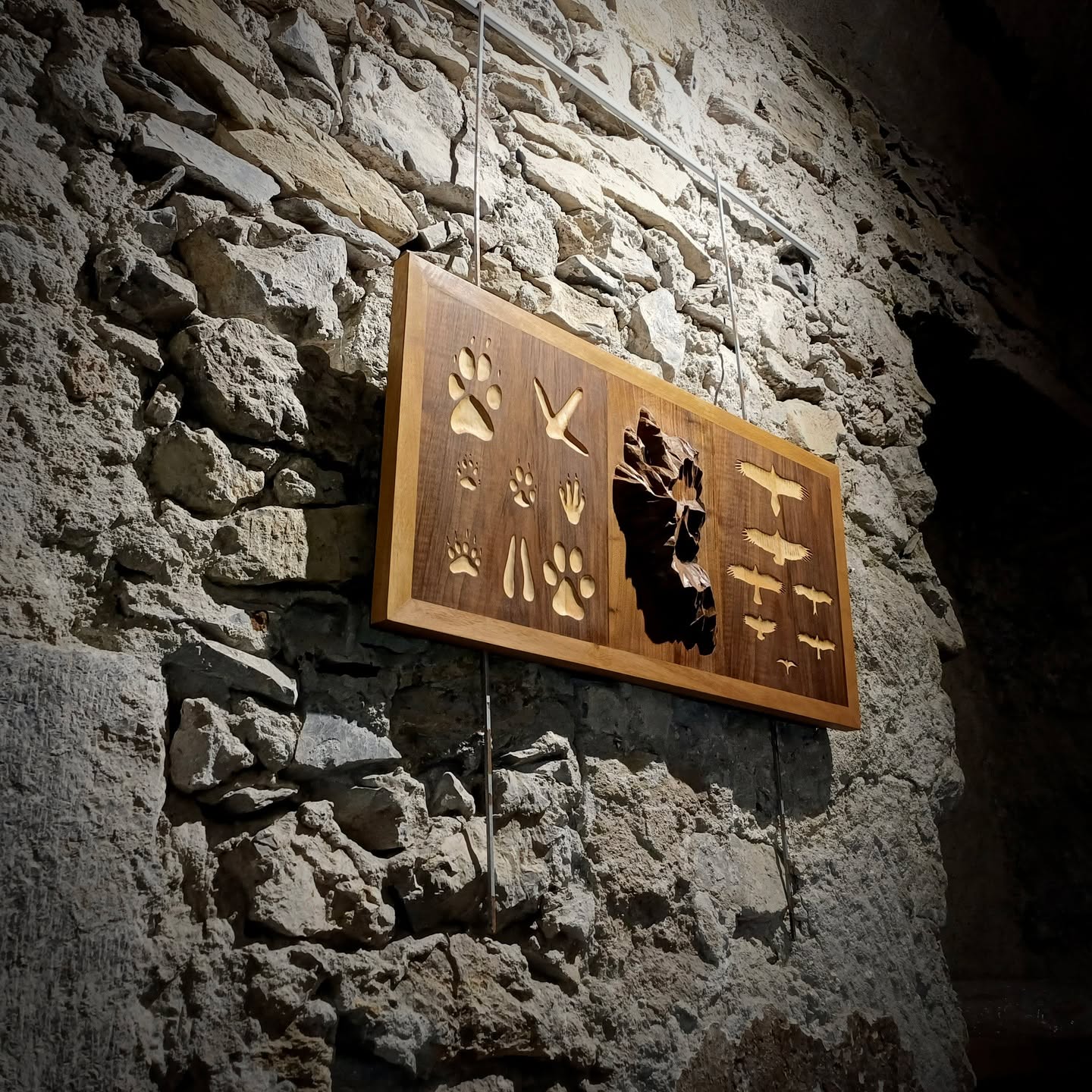 Recueil d'empreintes et de silhouettes de rapaces vivant dans les Alpes.
Sculpture en noyer et érable - 700 x 350 x 65 mm