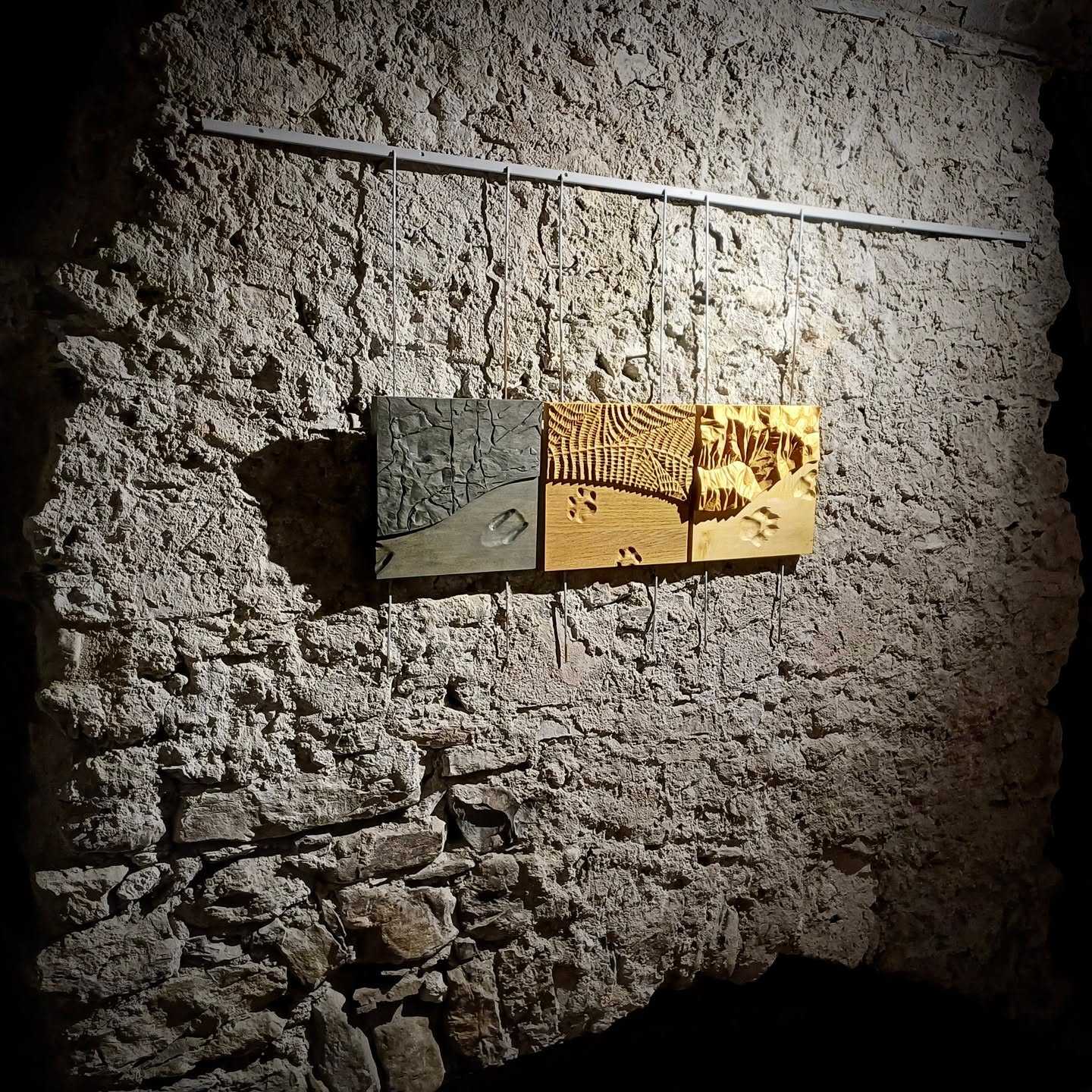 L'empreinte, taille réelle, et une représentation du milieu dans lequel évoluent trois animaux vivant dans les Alpes : le Chamois, le Lynx et le Loup.
Sculpture en hêtre teinté, chêne et érable - 1050 x 350 x 45 mm