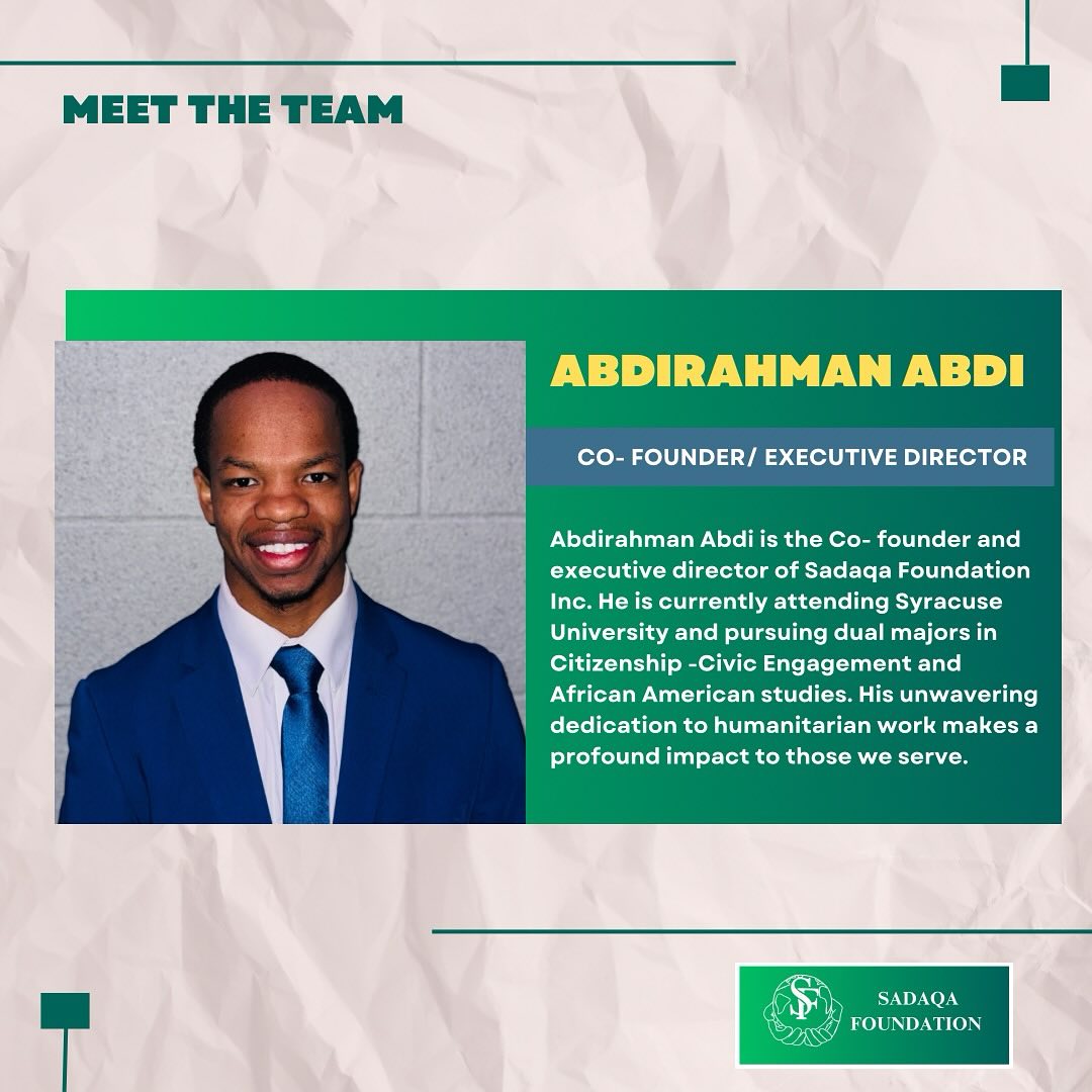 Introducing the team- starting with Abdirahman Abdi. Leading with passion and purpose‼️
#Sadaqafoundation #Purposedriven #Savinglives #Helpingfamilies #Leadership #Compassion #determination #Passion #Visionary