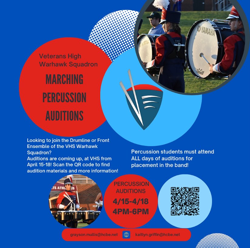Check out our digital posters for our upcoming auditions for Marching Percussion and Color Guard sections of the Warhawk Squadron! Scan the QR codes to register for auditions!