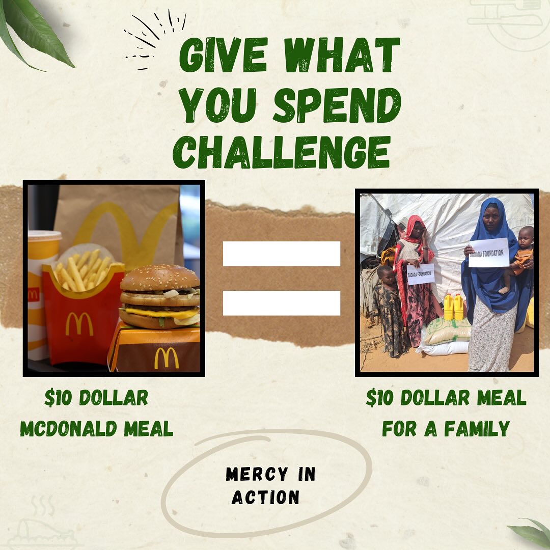$10 dollars at McDonald’s = One fast food meal
$10 dollars with Sadaqa = A warm meal for a family in need
One satisfies your cravings. The other answers someone’s prayer!!
This month, take the challenge to #GiveWhatYouSpend- because small swaps can change lives
Join the movement. Click the link in our bio to give.
#GiveWhatyouspend #Sadaqafoundation #mercyinaction #smallspendbigimpact