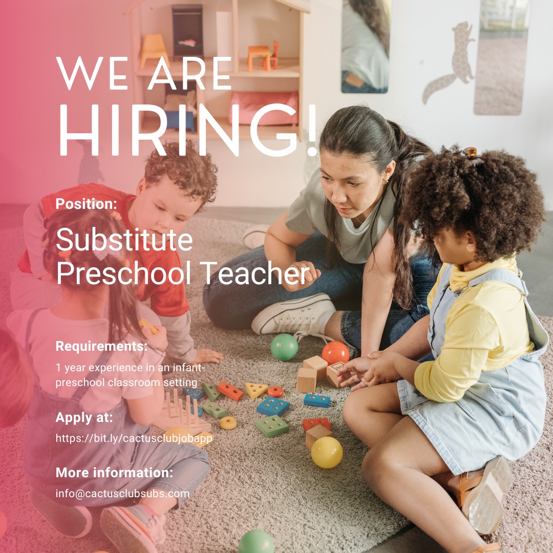Are you an early childhood educator looking for a flexible teaching opportunity? 👩🏫🌵 Create your own schedule today. Apply at the link in the bio. 🌟
#FlexibilityMatters #CactusClubSubs