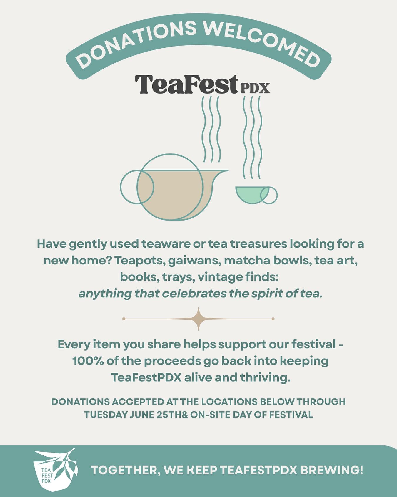 Donations welcomed! Do you have gently used teaware or tea treasures looking for a new home? Teapots, gaiwans, matcha bowls, tea art, books, trays, vintage finds: anything that celebrates the spirit of tea. 🫖✨🍵
Every item you share helps support our festival - 100% of the proceeds go back into keeping #teafestpdx alive and thriving.
✨Tao of Tea Leaf Room (next door to the restaurant) 3432 SE Belmont St, Portland, OR 97214
✨Cup of Tea, 10117 SE Sunnyside Rd, Clackamas, OR 97015, Suite J
✨Day of: bring it to the Seasoned Teaware booth the day of the festival.
•
#tea #teacommunity #teapdx #portland #pdx #donations #teaware #teaart #teaartist #teafestival #portlandevents
