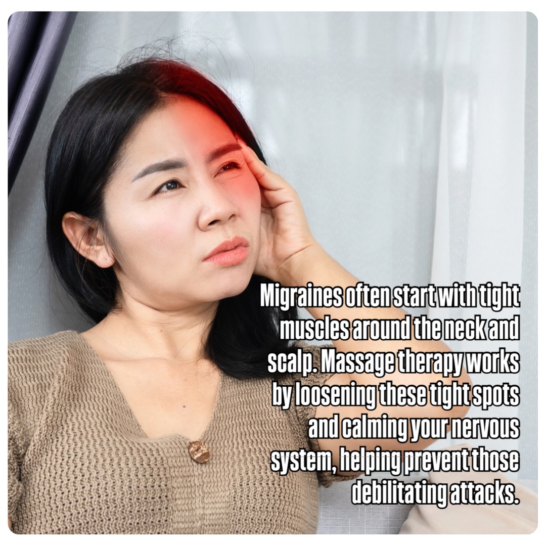 Massage therapy helps release muscle tightness and improves blood flow to ease migraine symptoms. Book a session with us and find relief beyond just painkillers 🫂