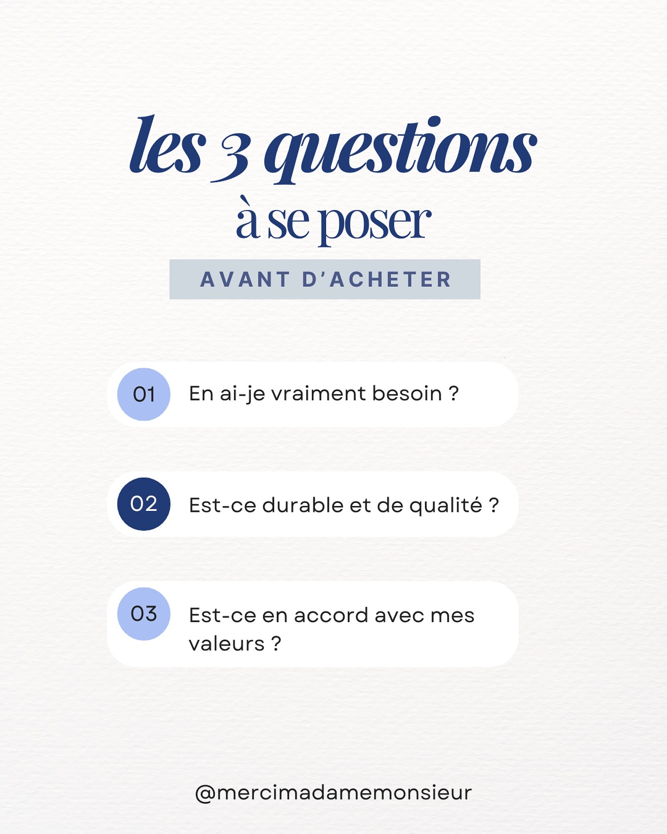 Avant de craquer pour un nouvel article, posez-vous ces questions simples. L’objectif n’est pas de culpabiliser, mais d’apprendre à consommer de manière responsable, pour soi et pour la planète. Chaque petit geste compte💡➡️ #mercimadamemonsieur #consommationresponsable #ecofriendly #slowfashion #achetermoinsmieux