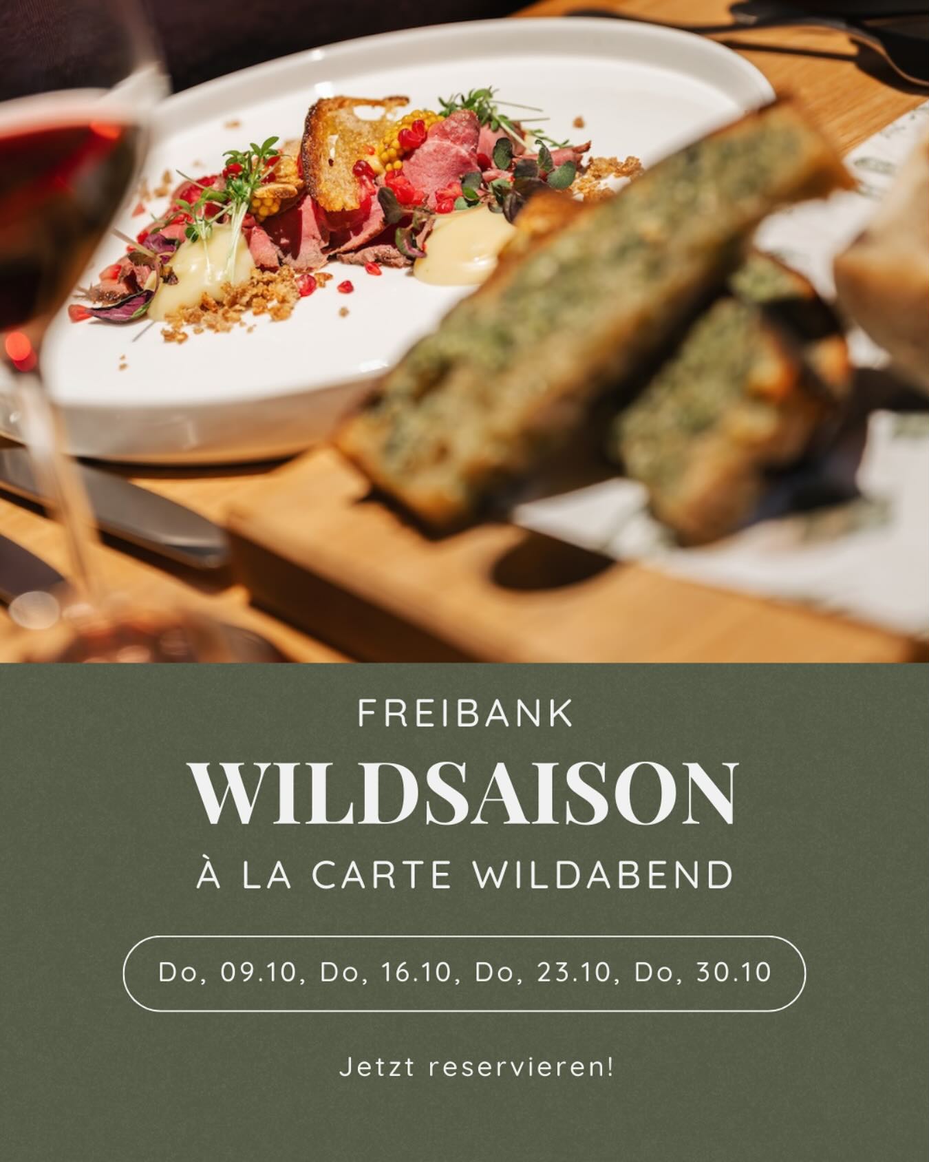 Wildsaison🍁🍂
Aufgrund der hohen Nachfrage an unseren Freibank-Metzgeten (Hirsch & Reh) im Oktober werden wir an vier Donnerstagen eine kleine à la carte Wildkarte anbieten😋🎉
Reserviere dir jetzt deinen Tisch!
💻: Link im Bio👆
📧: Info@freibank.ch
📞: 031 333 14 40
#freibankbern
#wankdorfcity
#wild
#wildsaison
#schweizerjagd
#eatlocal
#drinklocal
