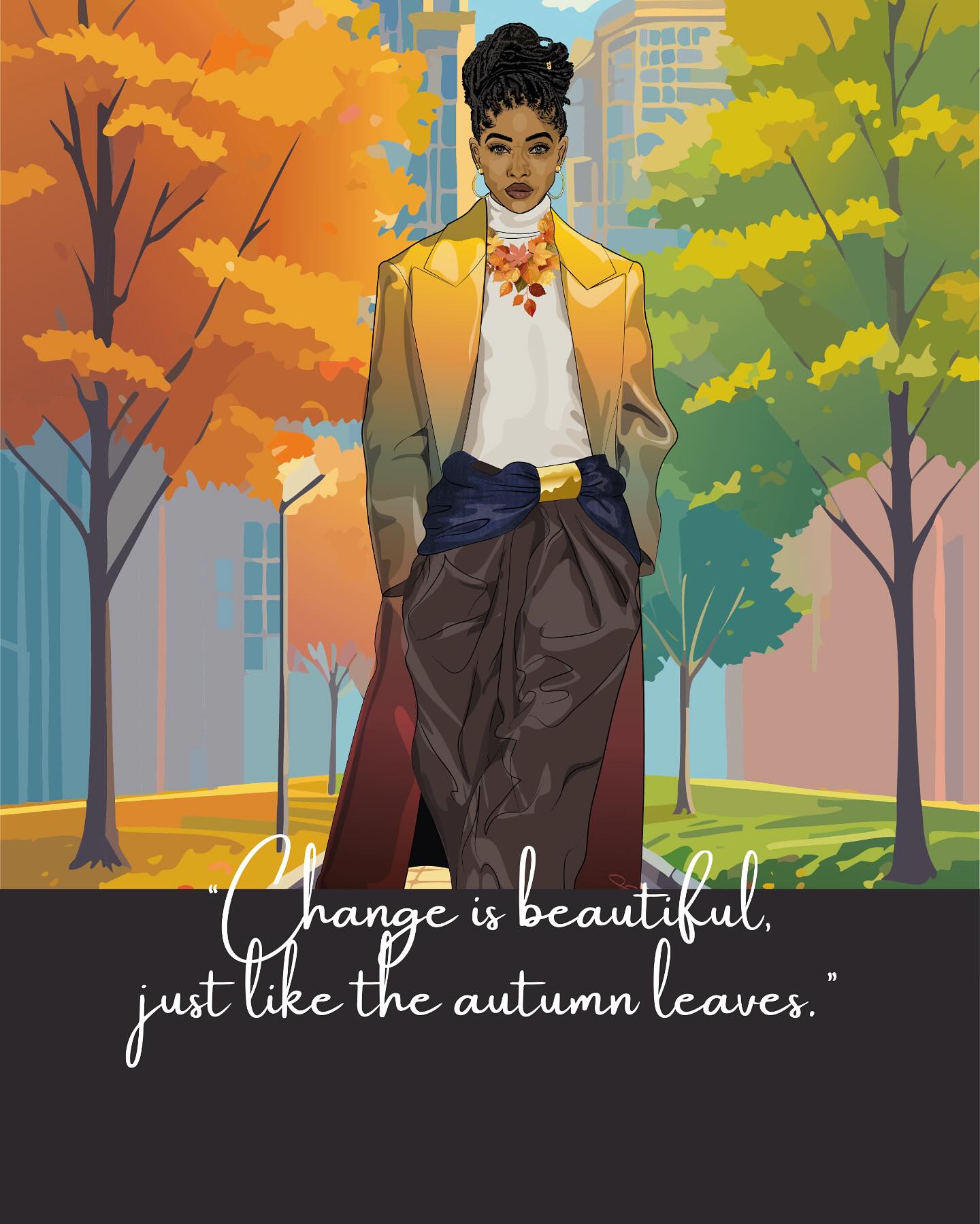 “Change is beautiful, like the autumn leaves.”
This September illustration is a little reminder that just as the seasons shift, so can we.
So if life feels like it’s nudging you to try something different, take it as your autumn moment and a chance to turn a new leaf. 💛
.
.
#MidweekMotivation #ChangeIsBeautiful #AutumnVibes #ebonyartistryuk #ionnamariedesigns #artwithsoul #blackart blackgreetingcards #artwithmeaning
