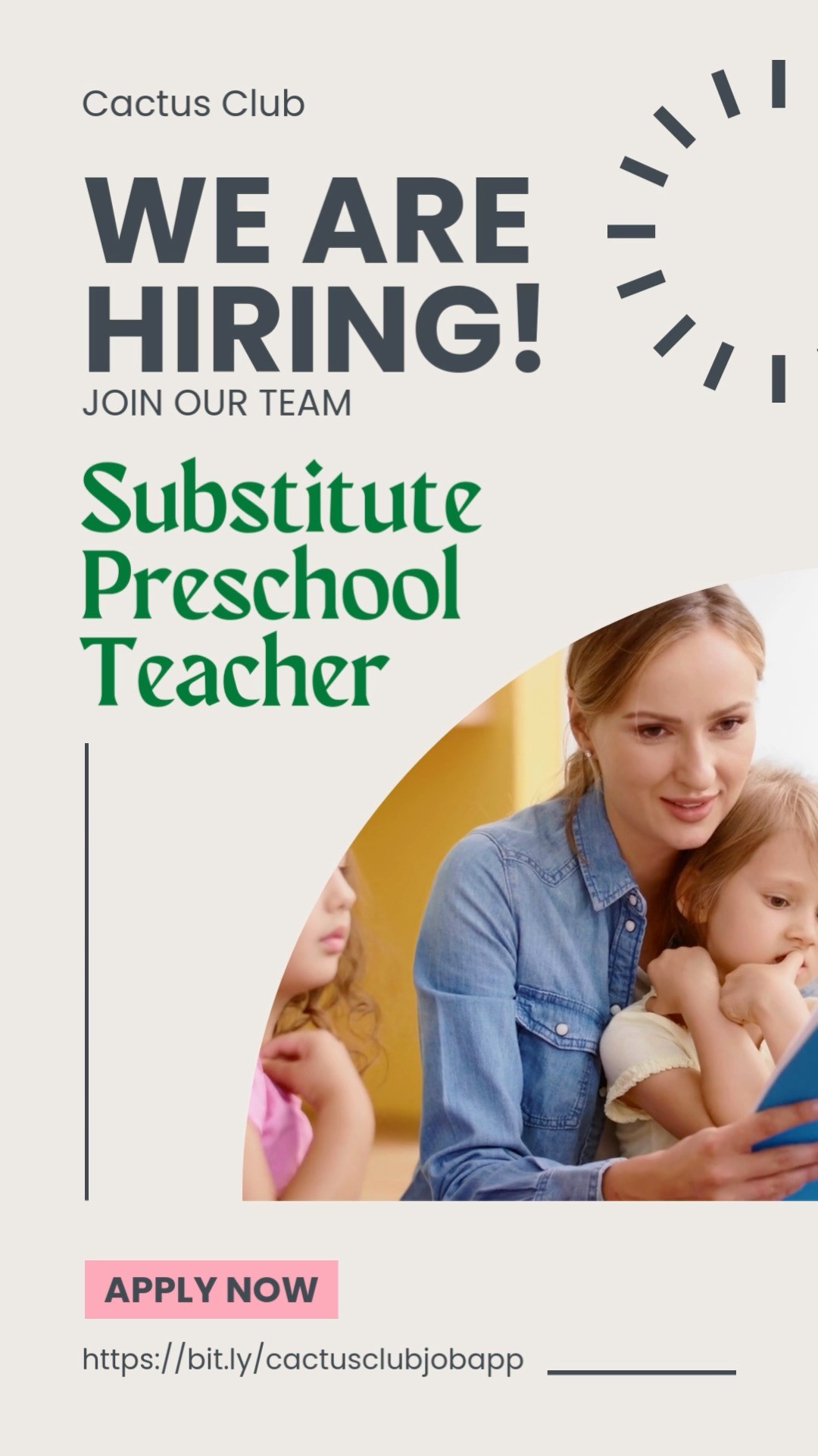 🎉 Join Our Team! 🌟
Are you passionate about making a difference in early childhood education? We're looking for dynamic, dedicated, and fun-loving educators to join Cactus Club Subs! 🌵✨
Apply today at the link in our bio and help shape the future! 📚👶
#PhoenixJobs #EducationHeroes #CactusClubSubs #HiringNow