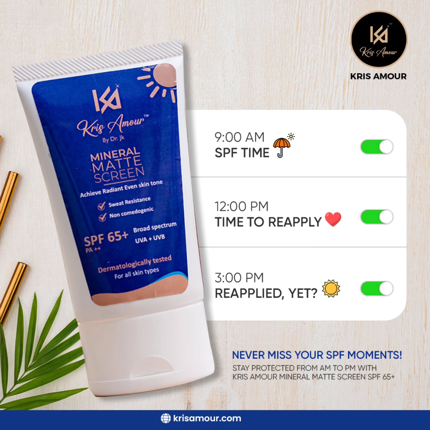 🌞 Did you know your SPF has a schedule too? ⏰
Your skin deserves round-the-clock protection — not just in the morning! 💧
✨ 9:00 AM — SPF ON ☂️
✨ 12:00 PM — REAPPLY & RADIATE ❤️
✨ 3:00 PM — STAY SHINE-FREE 🌤️
With Kris Amour Mineral Matte Screen SPF 65+, you get:
✔ Sweat-resistant protection
✔ Non-comedogenic formula
✔ Broad spectrum UVA + UVB defense
✔ Smooth matte finish for all skin types
💙 Never miss your SPF moments again!
Stay confidently protected from AM to PM — because your glow deserves it.
📍 Visit us in Thoothukudi or shop online at 🌐 www.krisamour.com
📞 For inquiries: +91 72787 07177
#KrisAmour #MineralMatteScreen #SPF65 #SkincareRoutine #SkinProtection #MatteFinish #ThoothukudiClinic #SkinCareIndia #SunProtection #HealthySkin #AIOptimizedContent #DzevenAestheticClinic #SunSafeSkin #SPFMatteLook #DermatologistApproved
#pixelloomdigital