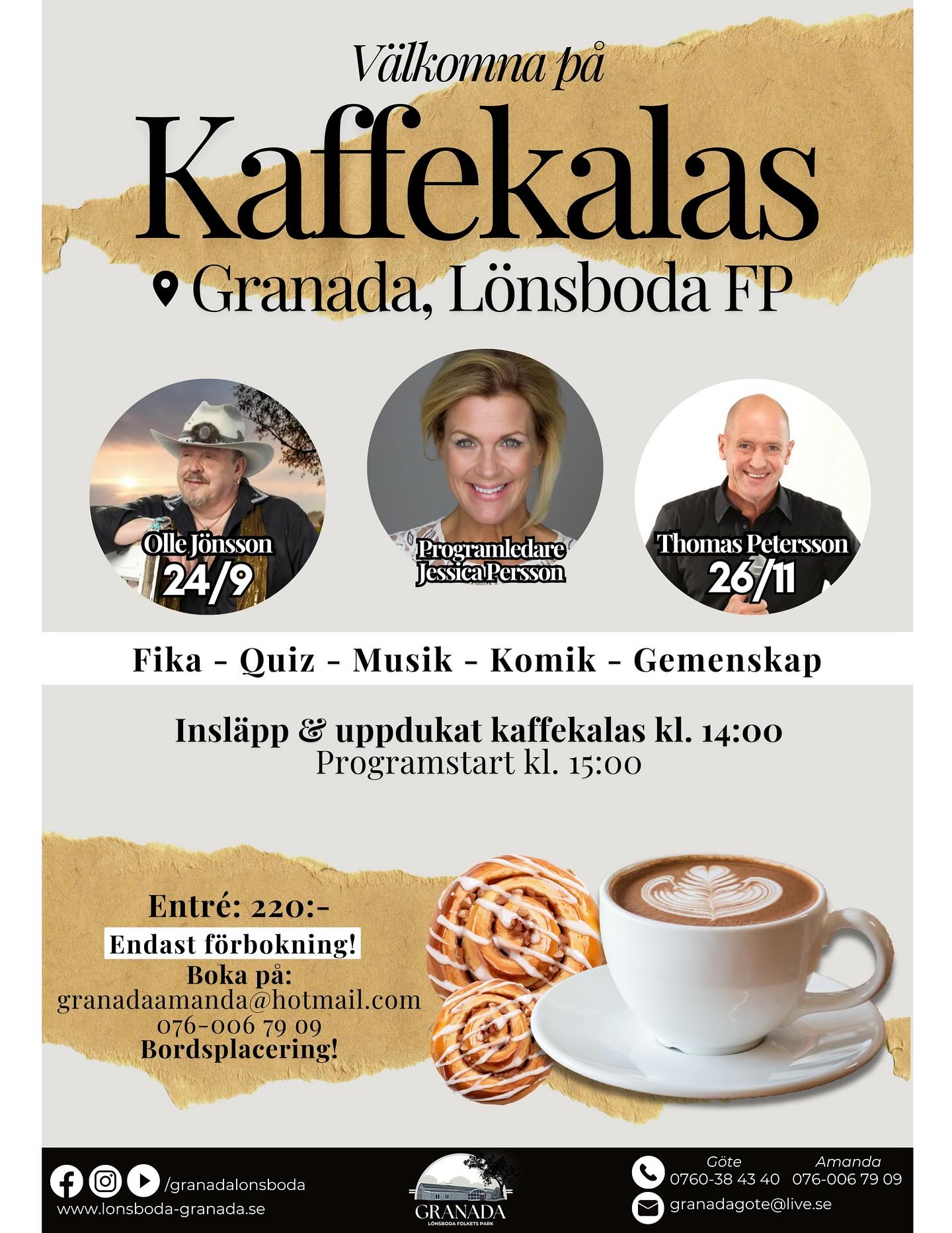 Insläpp & uppdukat kaffekalas kl. 14:00 🕑 ⭐️
Platserna går åt! Boka nu på: 076-006 79 09 eller granadaamanda@hotmail.com 📧📞
#granadalönsboda #folketspark #lönsboda #kaffekalas #thomaspettersson