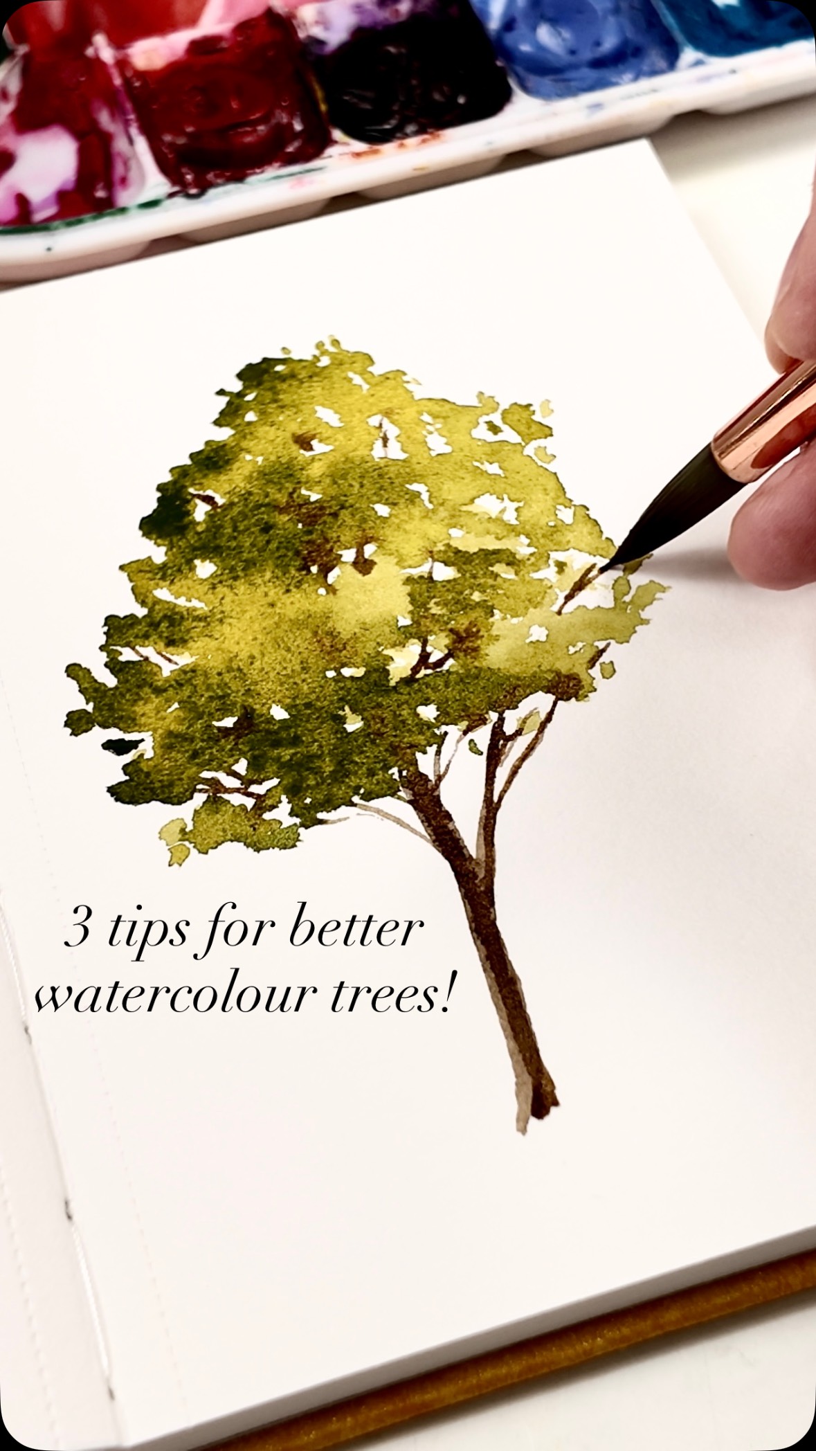 3 tips for improving your watercolour trees!
1. Instead of creating a solid shape and colour for the top of your tree, try using a dabbing motion with the tip of your brush to create a more textured look and add a darker shade to create some shadow. Also try to leave some white space as well to give the illusion of individual leaves on the tree.
2. When painting your tree trunk, use less pressure with your brush to create a thinner line. One thing I tend to see with beginners is that their tree trunks are way too thick. Try to make them thinner and see how that looks!
3. And lastly, when painting your branches, also try to make them thinner and less of a straight bold line. I find it helps to get a great brush with a fine point or a detail brush for the delicate branches.
Try these tips and let me know how it works for you!
Follow my YouTube channel for more in-depth tutorials on trees and much more!