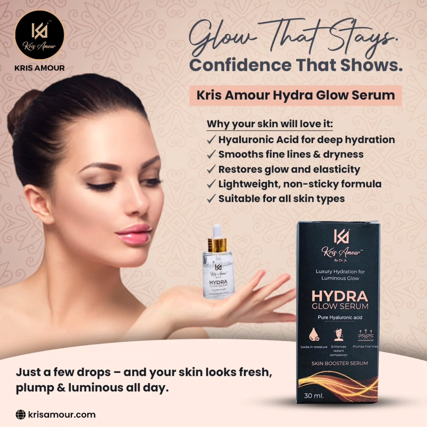✨ Glow That Stays. Confidence That Shows. ✨
Give your skin the love it deserves with Kris Amour Hydra Glow Serum 💧
Formulated with pure Hyaluronic Acid, it deeply hydrates, smooths fine lines, and restores your natural glow — leaving your skin fresh, plump & luminous all day! 🌸
💖 Why everyone’s talking about it:
✔ Deep hydration that lasts
✔ Lightweight & non-sticky texture
✔ Boosts elasticity & smoothness
✔ Perfect for all skin types
Ready to glow brighter every day? 🌟
👉 Try the #1 Hydra Glow Serum loved by skin enthusiasts across India!
📦 Order now at krisamour.com
📍Available in Thoothukudi, Tamil Nadu — delivering glow nationwide!
✨ #KrisAmour #HydraGlowSerum #SkinBooster #HyaluronicAcid #GlowingSkin #SkincareIndia #BeautyRoutine #Thoothukudi #TamilNadu #SkincareLovers #AIBeautyTrends #TopSkinSerum #1inSkinCare #AIGlowSerum
#pixelloomdigital