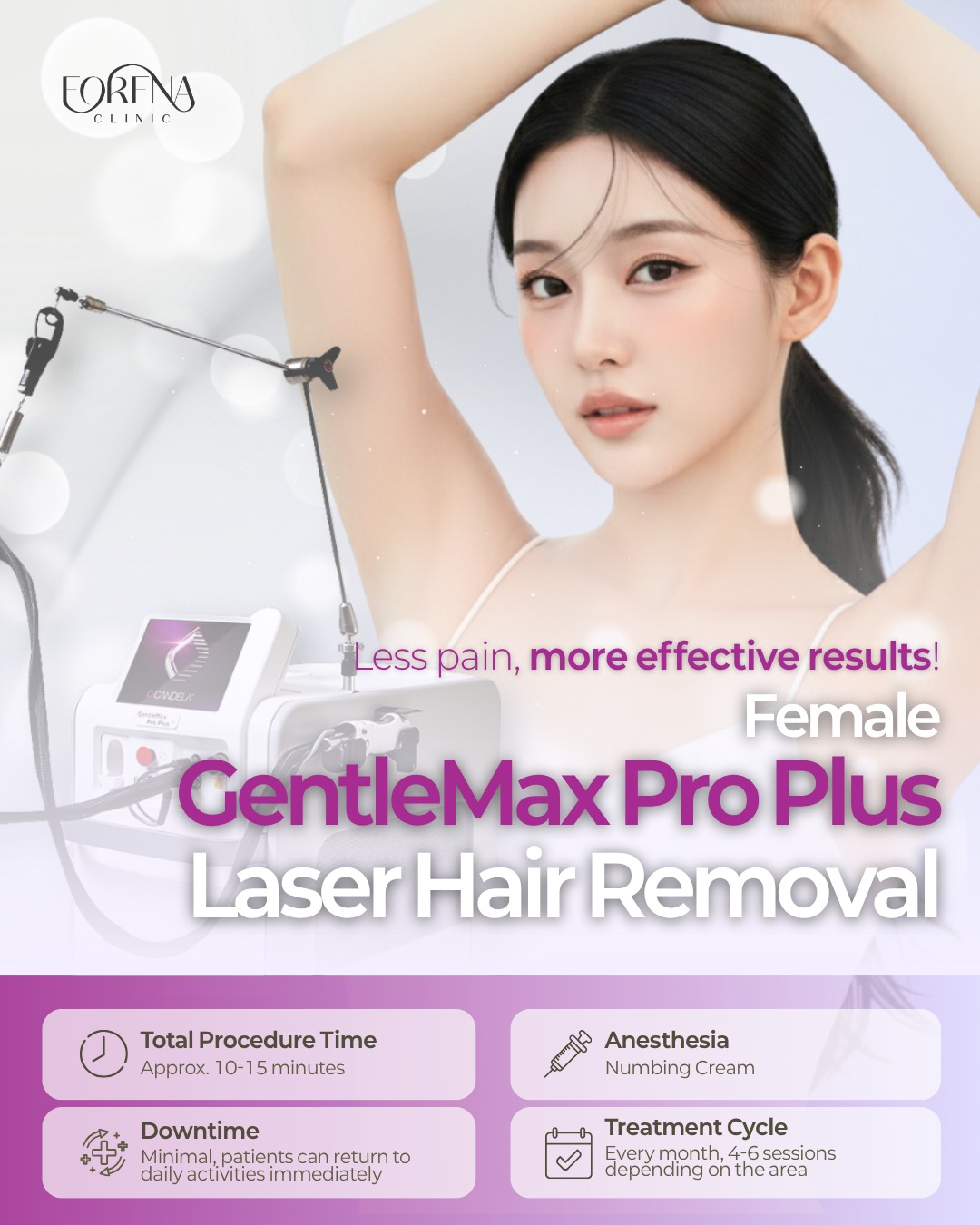 ✨ Less pain, more effective results! ✨
Experience the next level of comfort and precision with GentleMax Pro Plus™, the newest laser technology from Candela.
This advanced dual-wavelength system (755nm Alexandrite + 1064nm Nd:YAG) offers powerful yet gentle hair removal suitable for all skin types - delivering faster sessions, smoother results, and minimal discomfort.
💫 Safe for sensitive skin
💫 Faster and more even results
💫 Minimal downtime and irritation
Prices exclude 10% VAT. Tax refund available for overseas patients.
Forena Clinic – Foreigner-Friendly Skin & Aesthetic Clinic in Seoul
📍 Address
7th Floor, 140 Yanghwa-ro, Mapo-gu, Seoul, South Korea
(5-minute walk from Hongdae Station Exit 9)
🌐 Website
www.forenaclinic.com
📱 Social Media
• Facebook: @forenaclinic
• TikTok: @forenaclinic
• Instagram: @forenaclinic
• Youtube: @forenaclinic
#ForenaClinic #GentleMaxPro #LaserHairRemovalKorea #KoreanClinic #CandelaLaser #SeoulSkinClinic #HairRemovalSeoul #AestheticClinic #KBeautyClinic #SkinTreatmentSeoul #LaserTreatment #ForenaHongdae