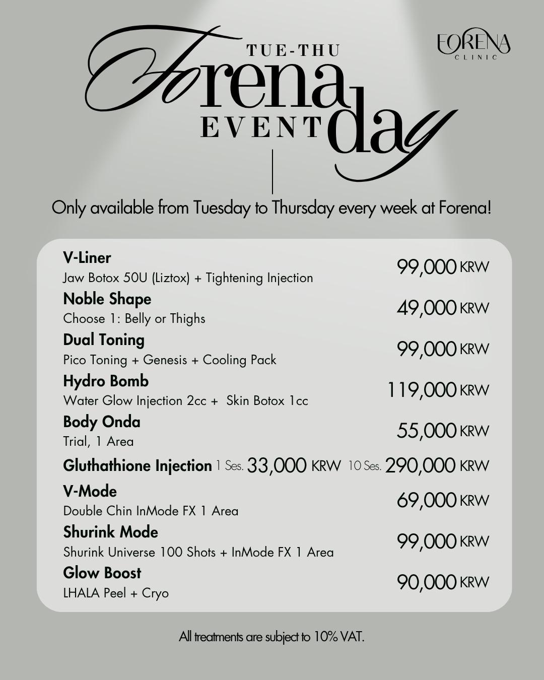 Discover our special midweek offers at Forena Clinic, available Tuesday to Thursday, offering select skincare and hair removal treatments.
Note: All treatments are subject to 10% VAT.
Experience personalized care with our special midweek offerings. Contact Forena Clinic for further details and reservations.
Forena Clinic – Foreigner-Friendly Skin & Aesthetic Clinic in Seoul
📍 Address
7th Floor, 140 Yanghwa-ro, Mapo-gu, Seoul, South Korea
(3-minute walk from Hongdae Station Exit 9)
🌐 Website
www.forenaclinic.com
📱 Social Media
• Facebook: @forenaclinic
• TikTok: @forenaclinic
• Instagram: @forenaclinic
💬 Messaging Apps
• WhatsApp / Telegram / KakaoTalk: +82 10-2776-3095
#koreanskinclinic #skinclinic #specialoffer #koreanskincare #koreanglassskin #glassskin #forenaclinic