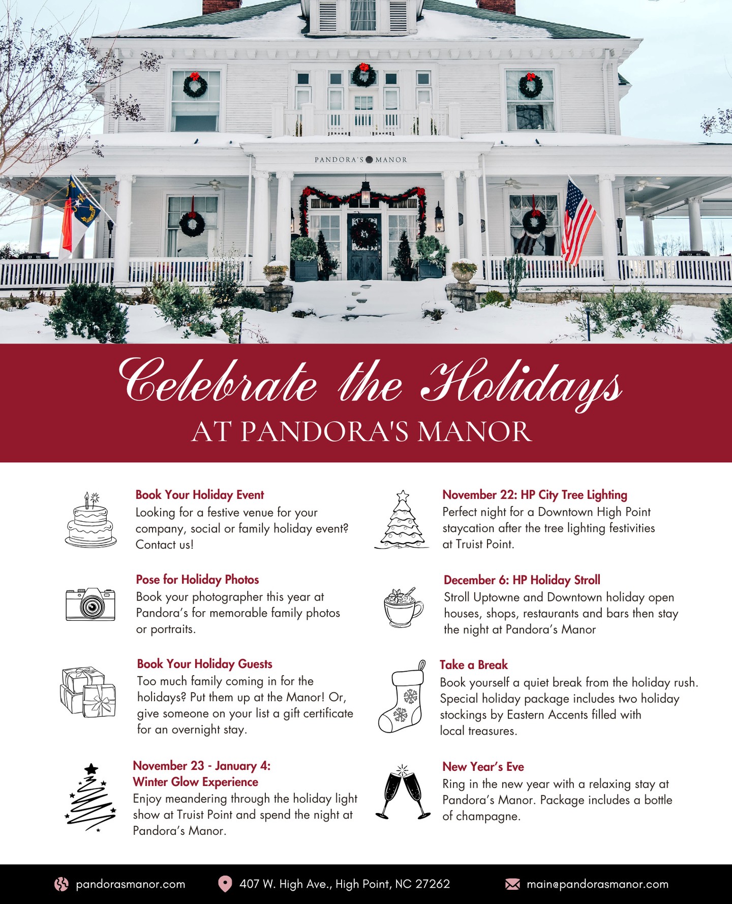 The holidays are brighter at Pandora’s Manor. ✨ From cherished family moments to elegant holiday celebrations, our manor offers the perfect backdrop for every seasonal memory. Reserve your stay or host your event and celebrate the season in sophistication.
#visithp #visitnc #historicnc #nchistory #explorenc #boutiqueinn #hpu