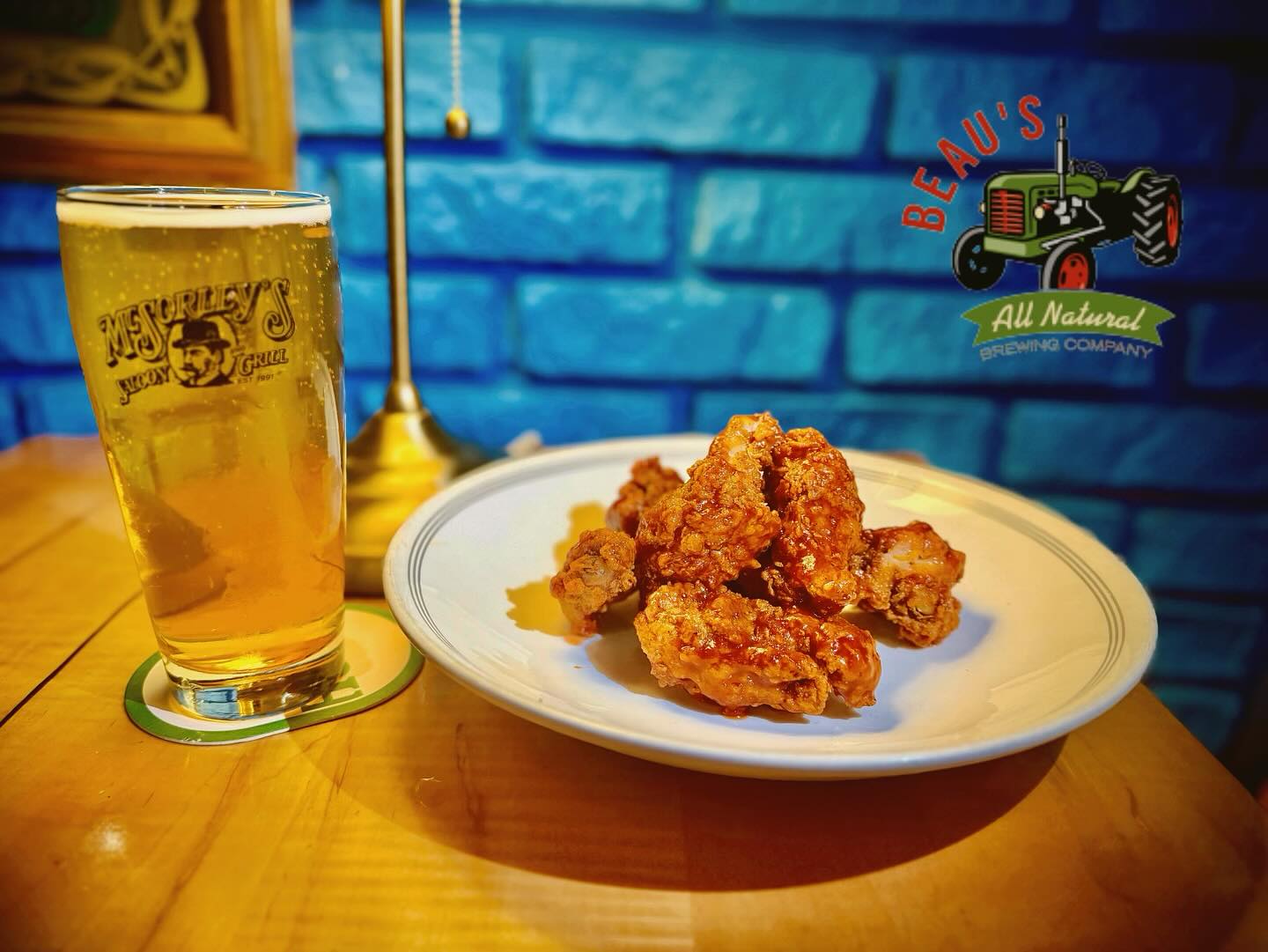 World Series Special, Pint of Beau’s Lug Tread + pound of hand breaded fried chicken wings tossed in your choice of sauce $19. Available all day. Go Jays Go!